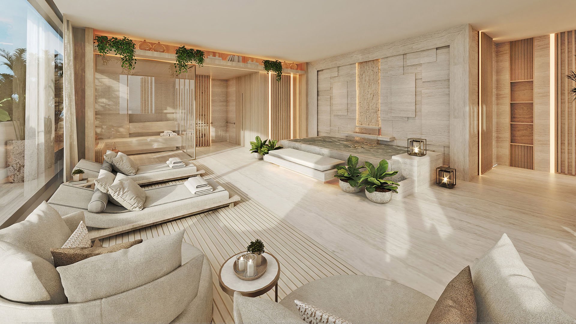 La Mare Regency Tower sunlit indoor spa relaxation room with sauna and loungers, Bay Harbor Islands, Miami, Florida, highlighting luxury and ultra luxury preconstruction condos resort-style wellness.