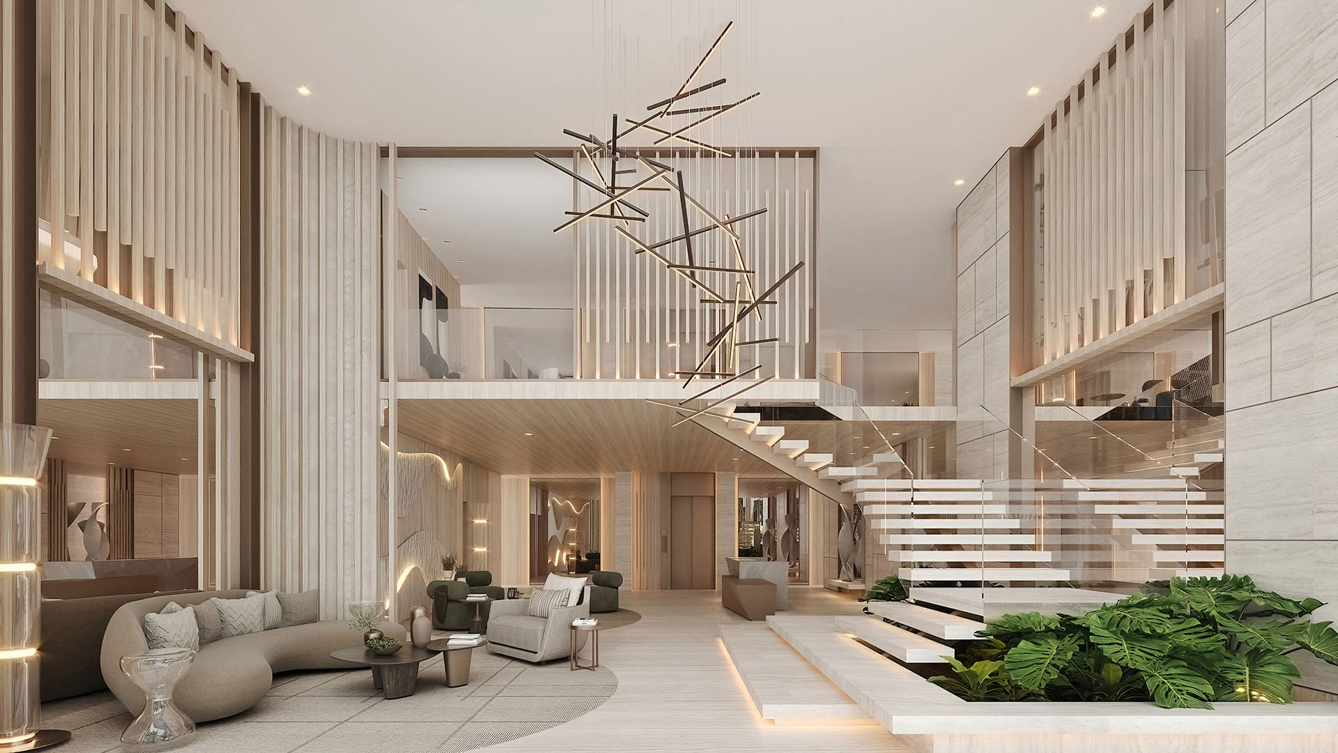 La Mare Regency Tower double-height lobby with floating staircase and sculptural chandelier, Bay Harbor Islands, Miami, Florida, showcasing luxury and ultra luxury preconstruction condos arrival experience.