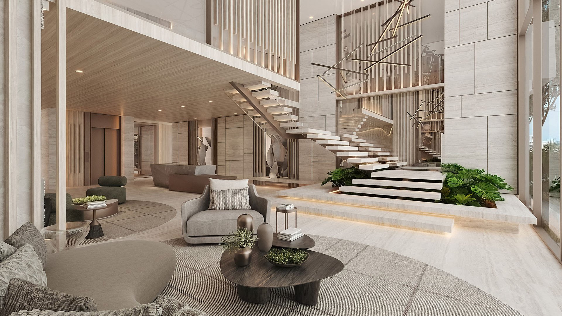 La Mare Regency Tower luxury lobby with floating staircase and modern seating, Bay Harbor Islands, Miami, Florida, presenting ultra luxury preconstruction condos interior design and amenities.