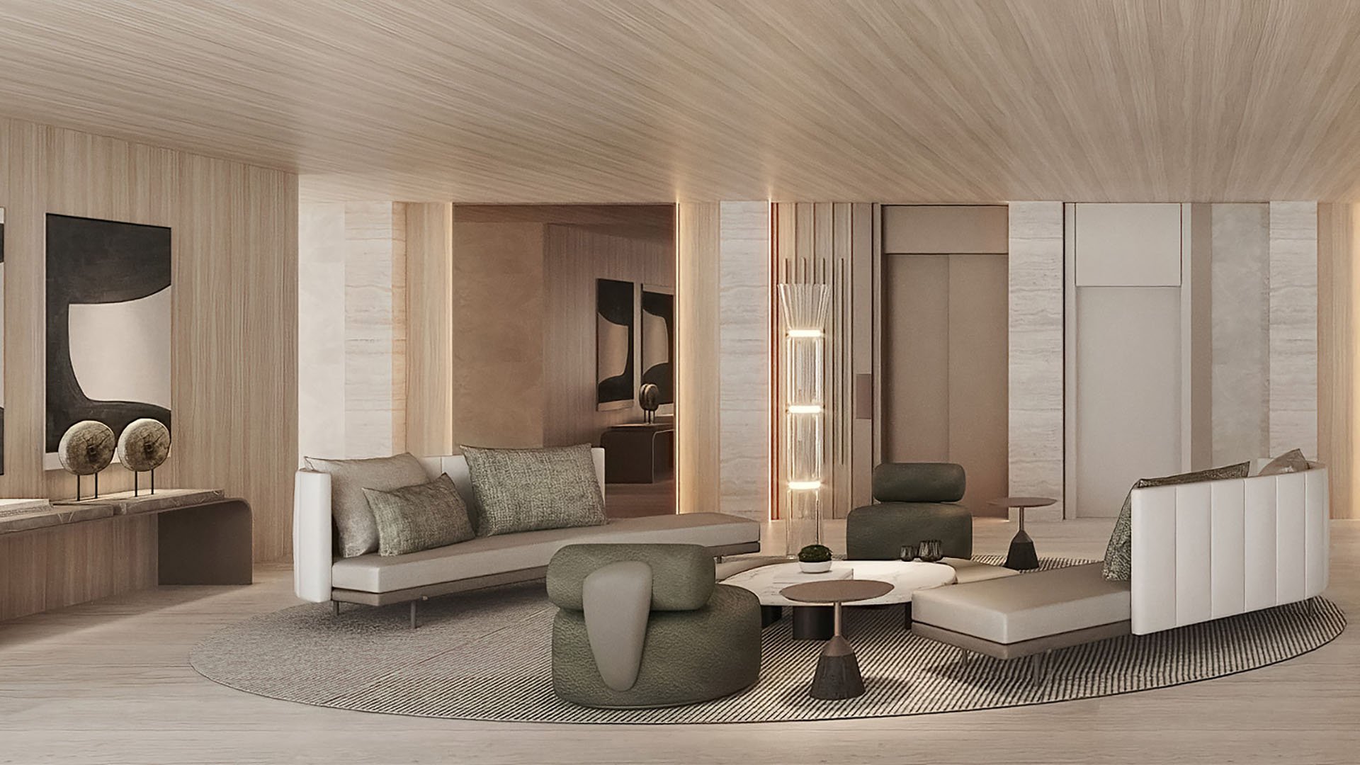 La Mare Regency Tower lobby lounge seating with contemporary artwork, Bay Harbor Islands, Miami, Florida, luxury and ultra luxury preconstruction condos common areas with refined finishes.