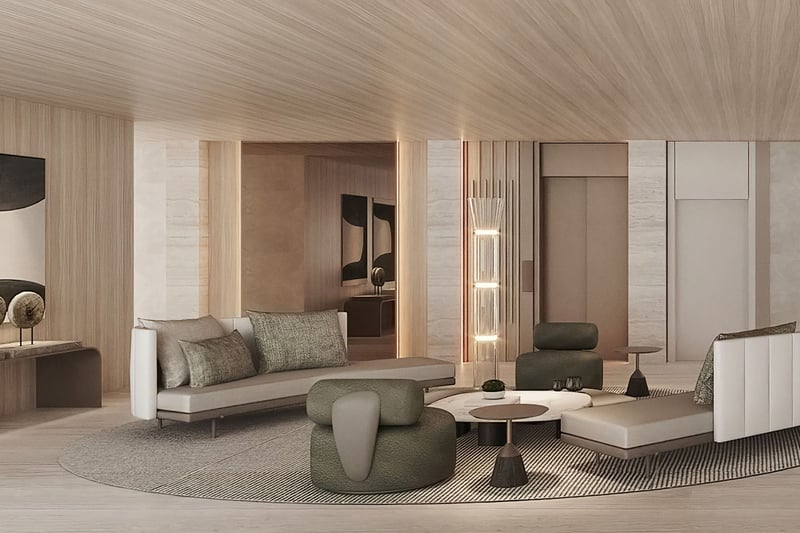 La Mare Regency Tower lobby lounge seating with contemporary artwork, Bay Harbor Islands, Miami, Florida, luxury and ultra luxury preconstruction condos common areas with refined finishes.