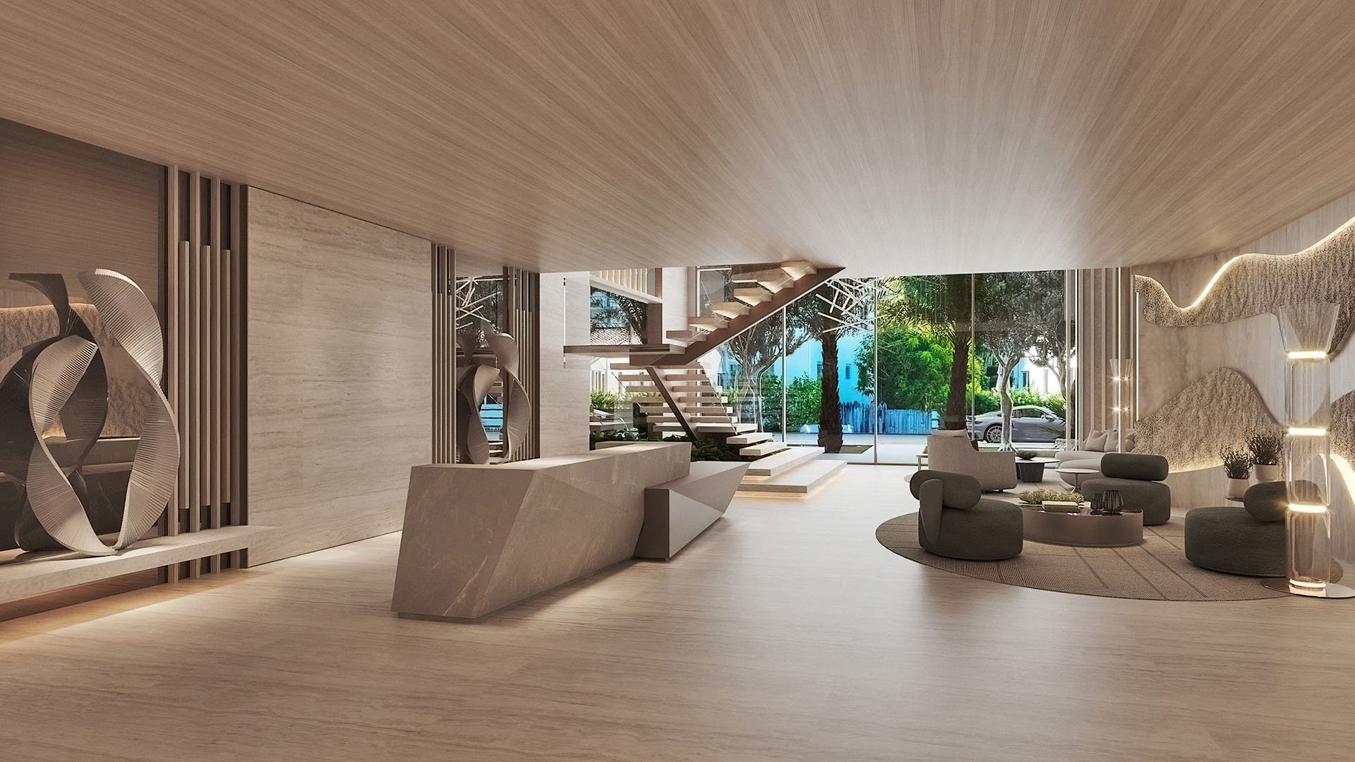 La Mare Regency Tower lobby reception desk and modern entrance design, Bay Harbor Islands, Miami, Florida, representing luxury and ultra luxury preconstruction condos concierge-style service.