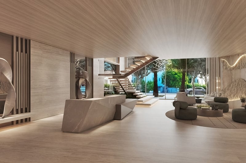 La Mare Regency Tower lobby reception desk and modern entrance design, Bay Harbor Islands, Miami, Florida, representing luxury and ultra luxury preconstruction condos concierge-style service.