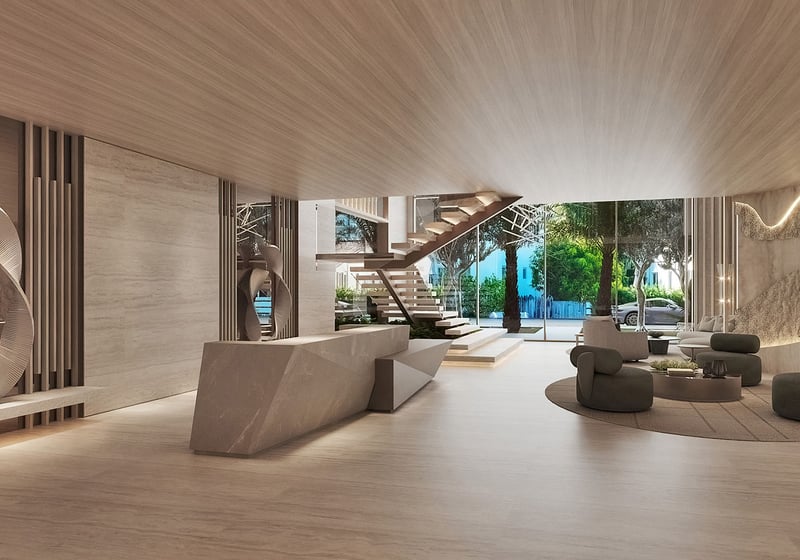 La Mare Regency Tower lobby reception desk and modern entrance design, Bay Harbor Islands, Miami, Florida, representing luxury and ultra luxury preconstruction condos concierge-style service.