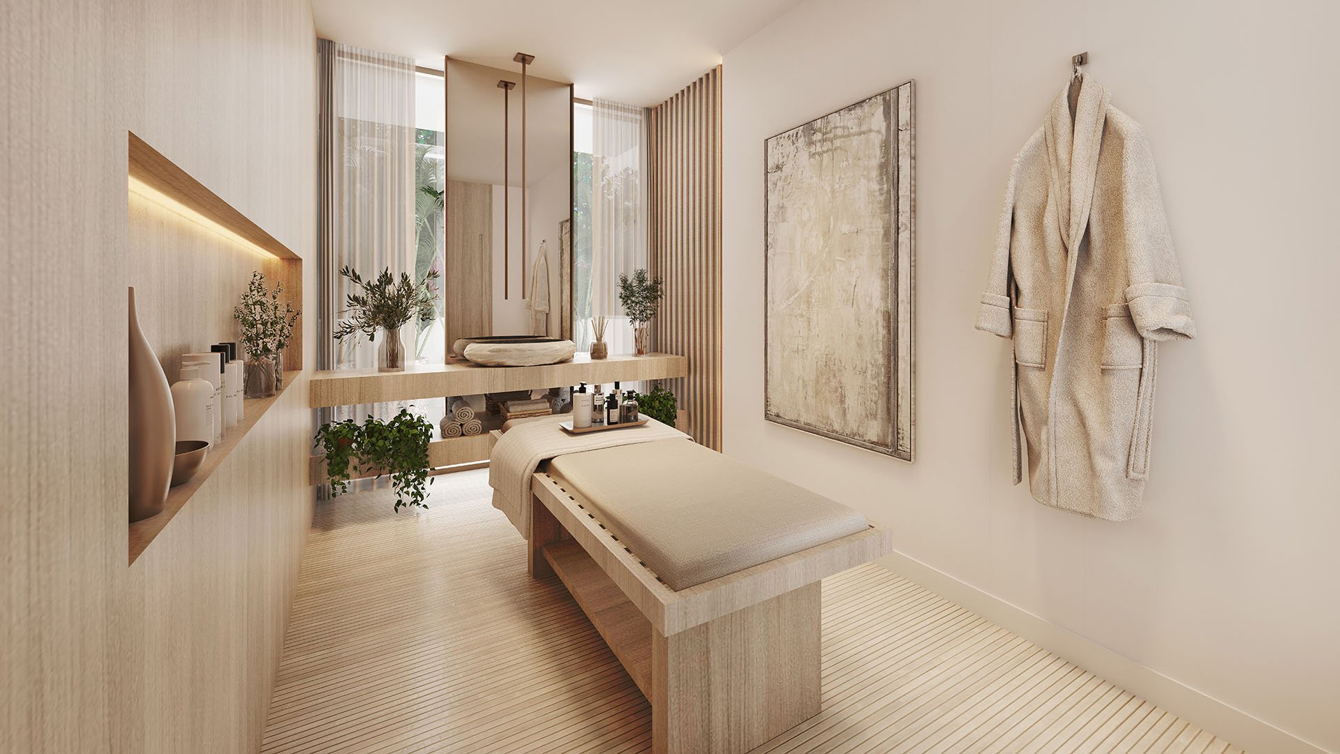 La Mare Regency Tower spa treatment room with massage table and calming finishes, Bay Harbor Islands, Miami, Florida, luxury and ultra luxury preconstruction condos wellness amenity suite.