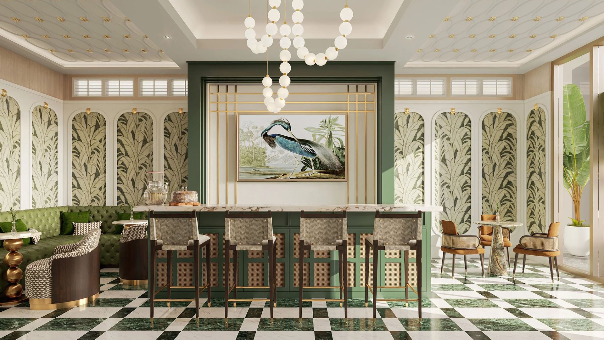 Botanical bar lounge with a checkered floor, green seating and heron artwork at Maison D'Or in West Palm Beach, complementing luxury and ultra luxury preconstruction condos with distinctive amenity design.