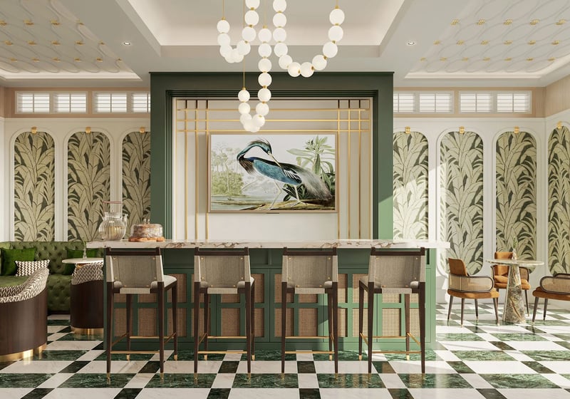 Botanical bar lounge with a checkered floor, green seating and heron artwork at Maison D'Or in West Palm Beach, complementing luxury and ultra luxury preconstruction condos with distinctive amenity design.