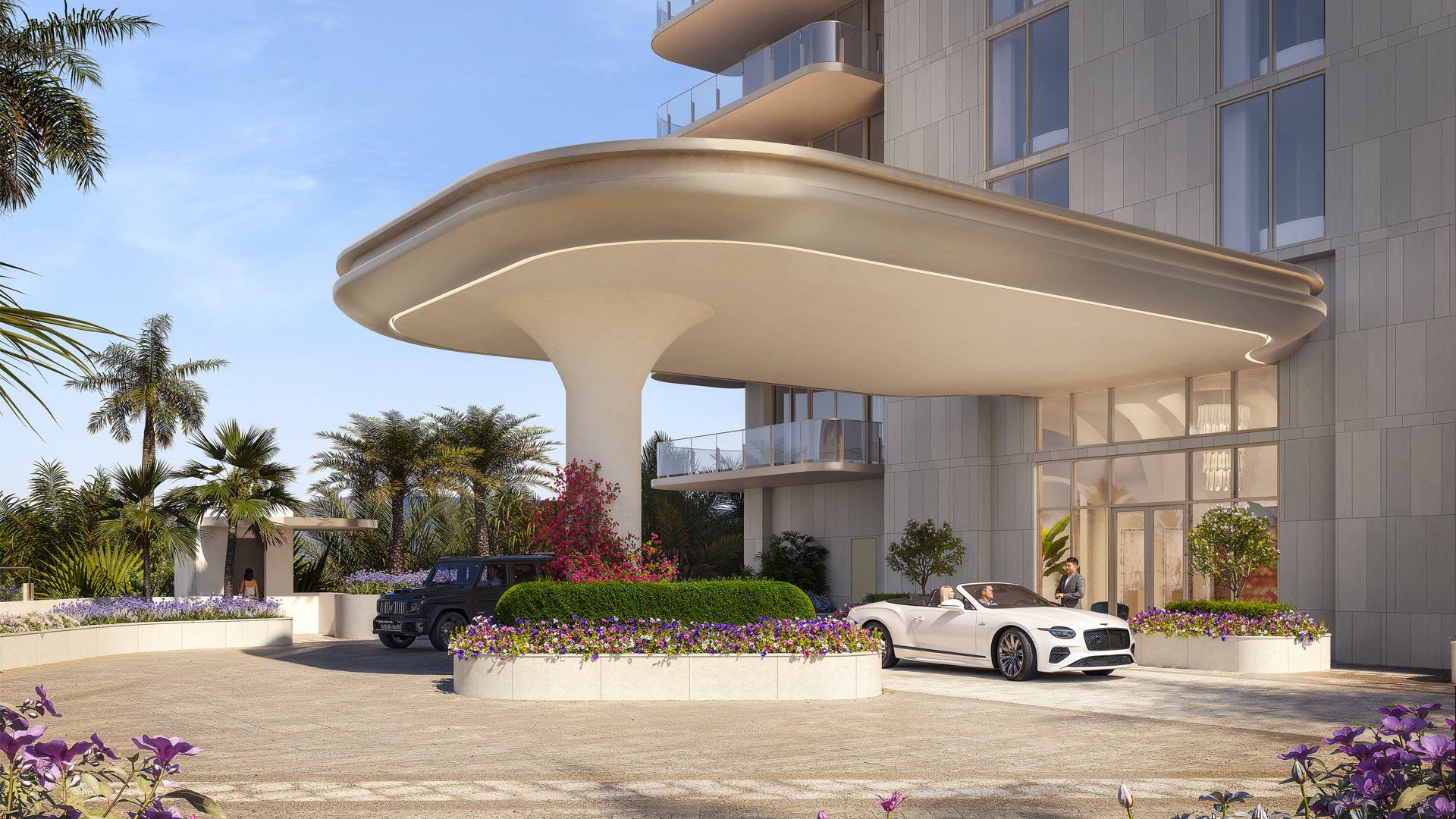 Curved porte cochere and entrance drive with landscaped planters and luxury cars at Maison D'Or in West Palm Beach, introducing luxury and ultra luxury preconstruction condos with a dramatic covered arrival.
