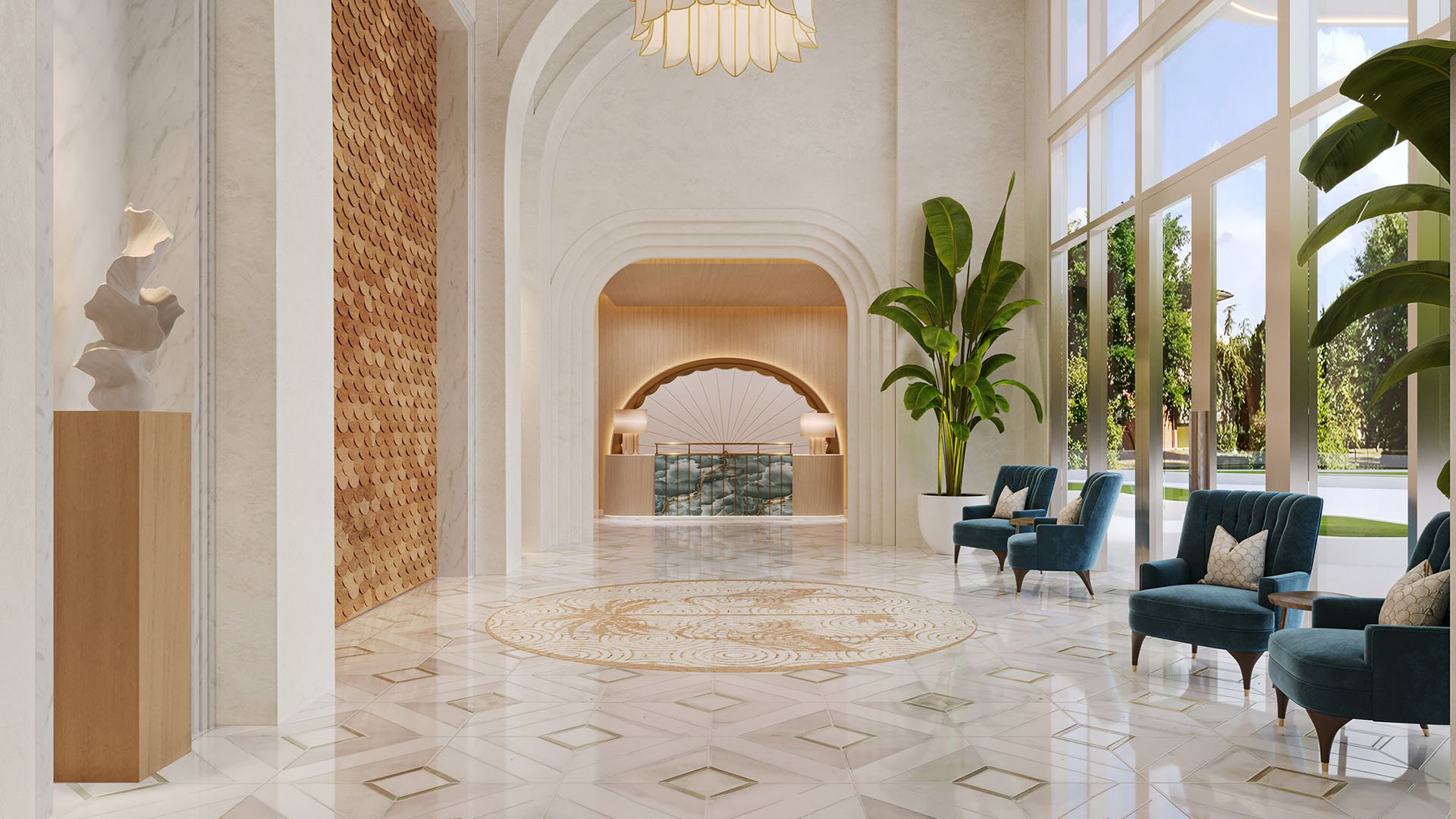 Double-height marble lobby with arched detailing, tall windows and lounge seating at Maison D'Or in West Palm Beach, reflecting luxury and ultra luxury preconstruction condos with refined arrival design.