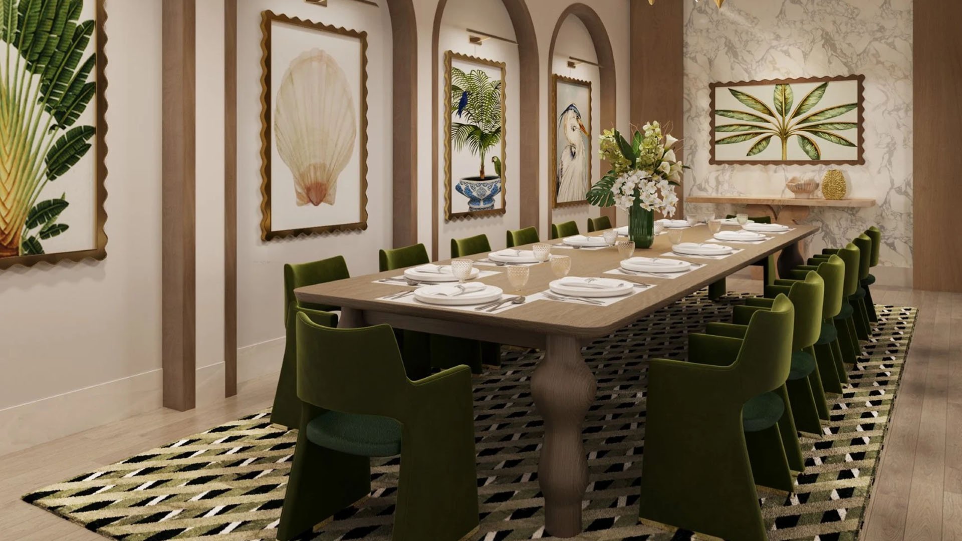 Formal dining room with a long table, green chairs and botanical artwork at Maison D'Or in West Palm Beach, reflecting luxury and ultra luxury preconstruction condos with entertaining-focused interiors.