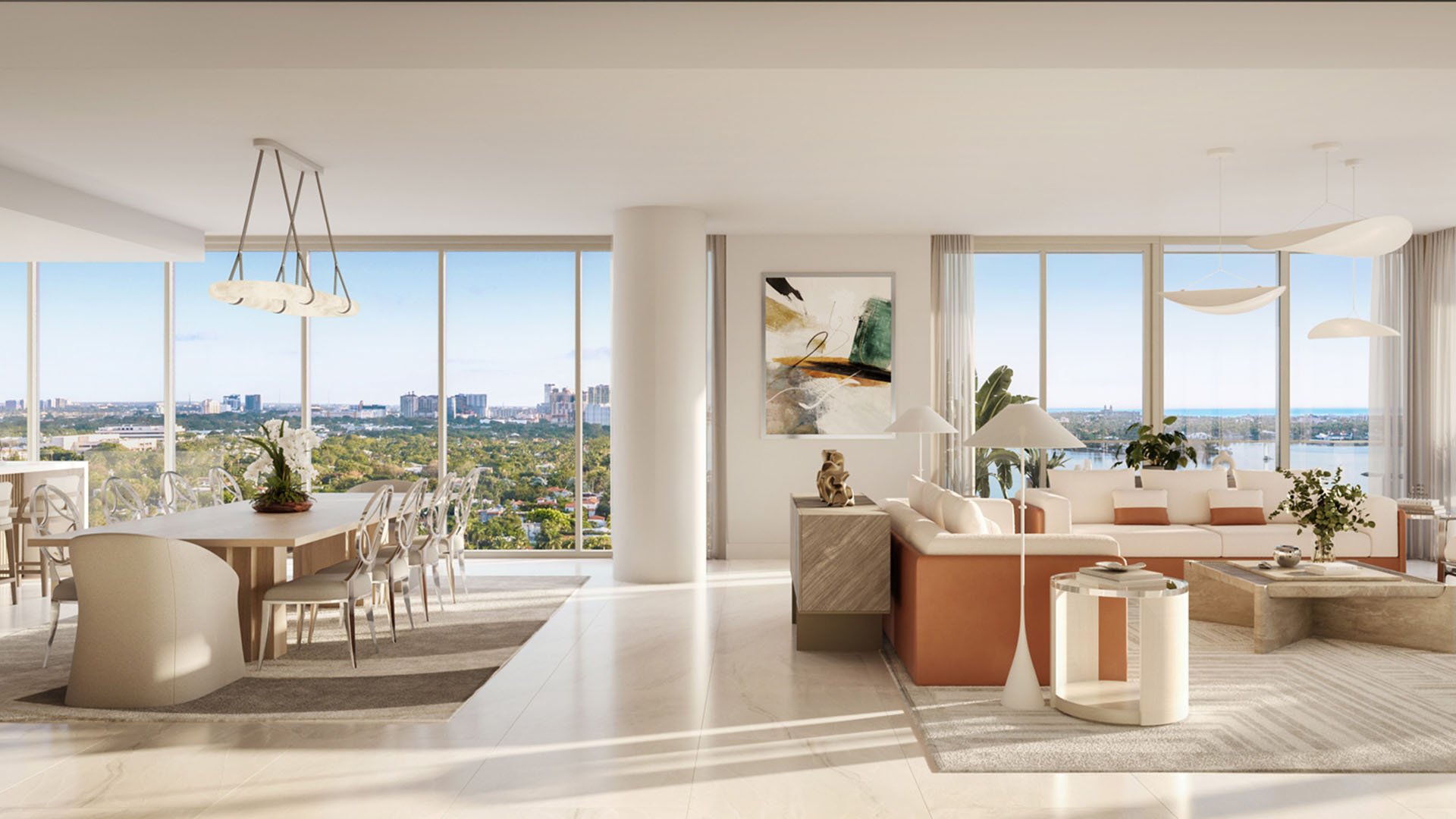 Great room and dining area with panoramic windows and soft modern furnishings at Maison D'Or in West Palm Beach, reflecting luxury and ultra luxury preconstruction condos with open entertaining space.