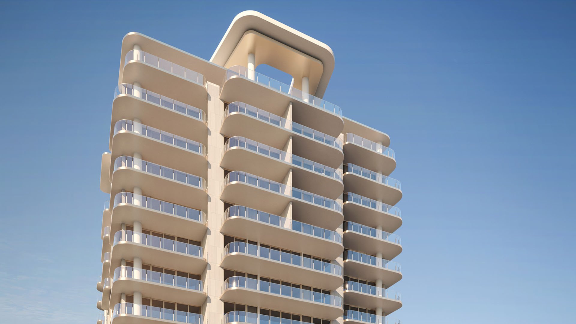 Angled view of the rounded balcony tower rising against a clear blue sky at Maison D'Or in West Palm Beach, featuring luxury and ultra luxury preconstruction condos with sculpted exterior lines.