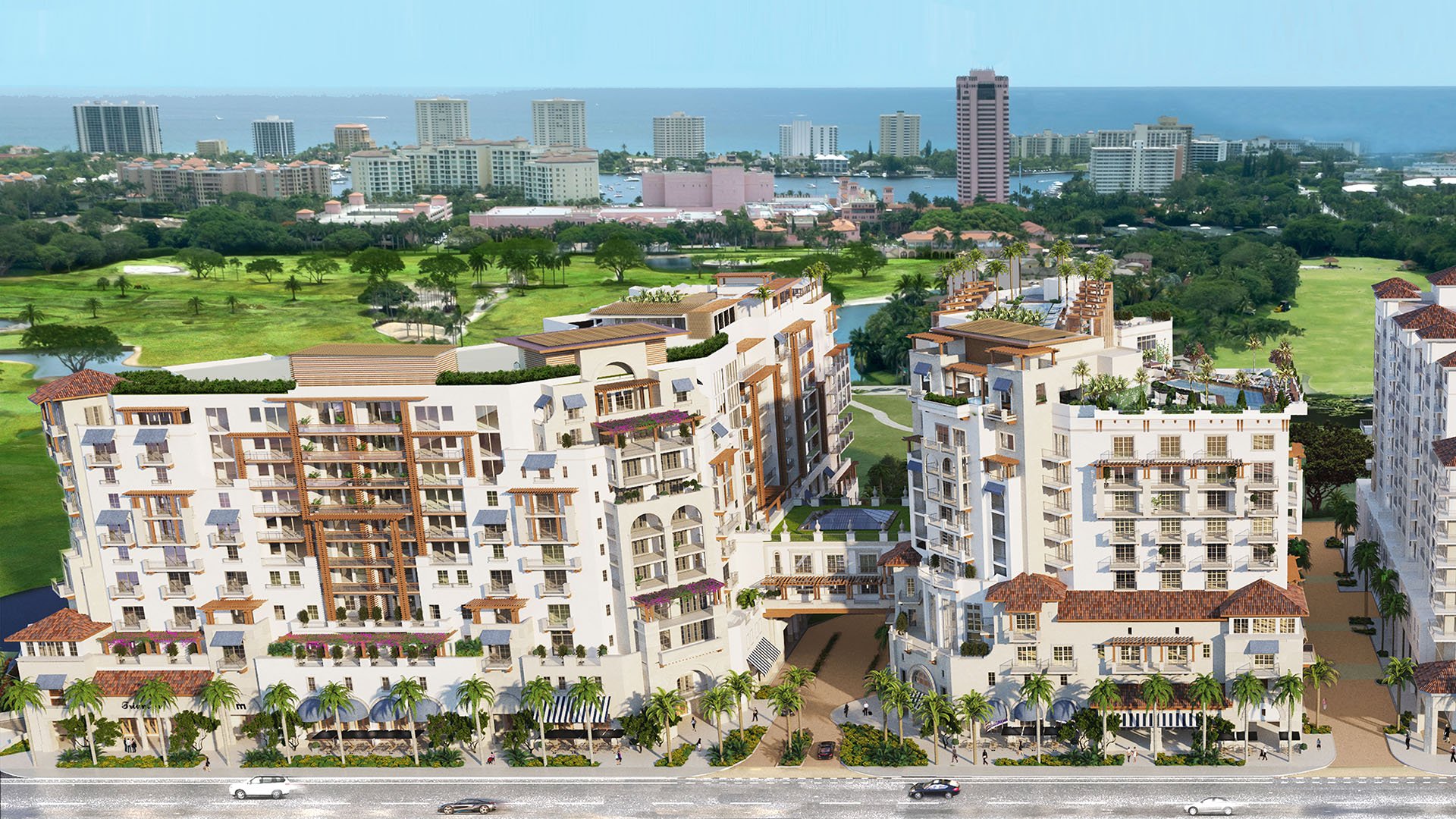 Mandarin Oriental Residences Boca Raton, Florida aerial view of residential condo towers and courtyards fronting the golf course with ocean backdrop, highlighting luxury and ultra luxury preconstruction condos in prime Boca Raton.