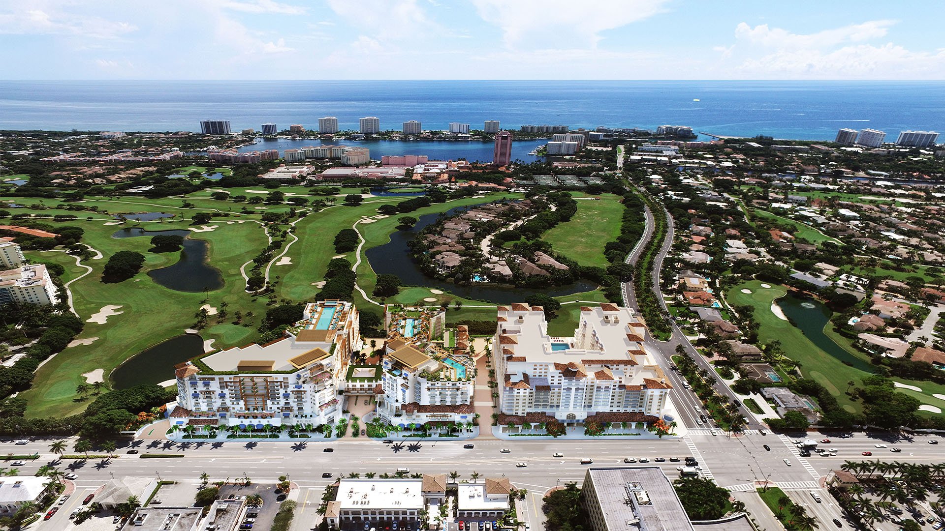 Mandarin Oriental Residences Boca Raton, Florida panoramic aerial showing the residences by the golf course, Intracoastal Waterway and Atlantic Ocean, positioning luxury and ultra luxury preconstruction condos near the coastline.