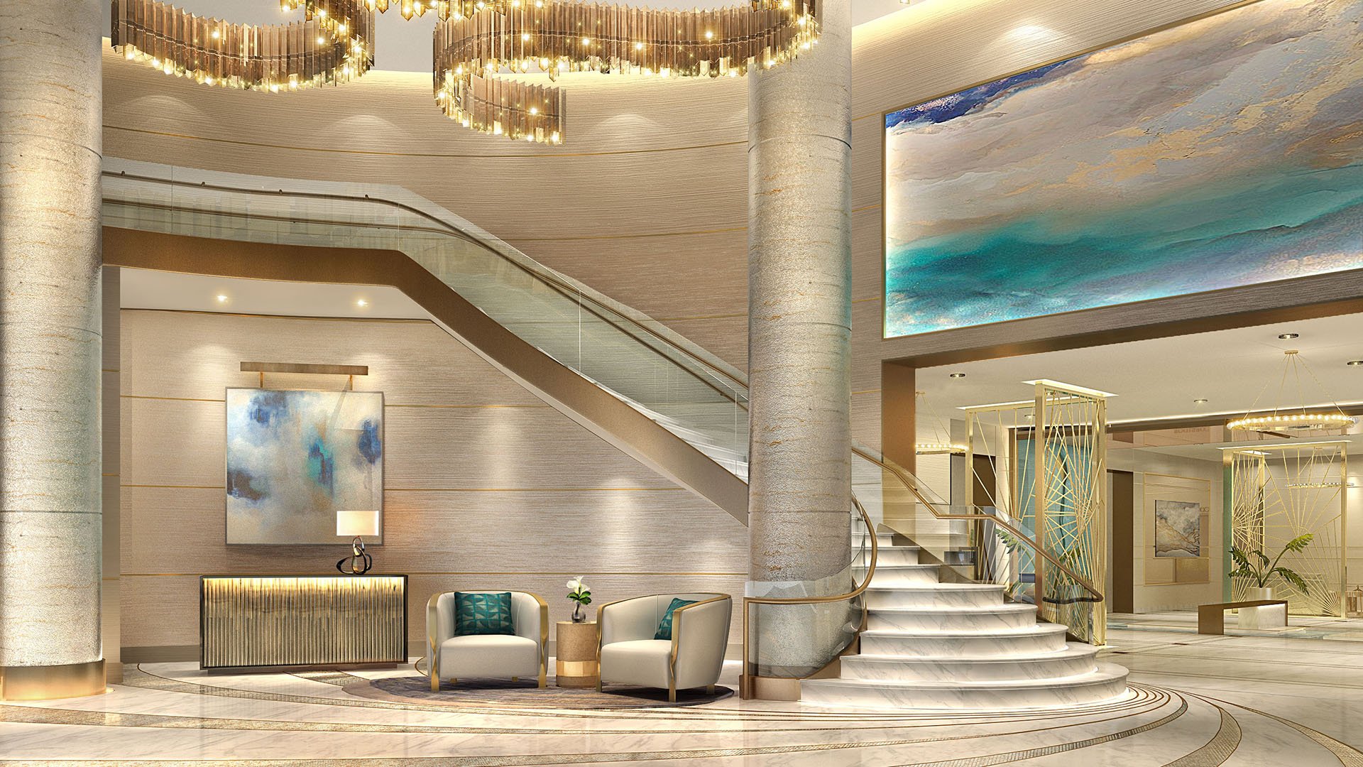 Mandarin Oriental Residences Boca Raton, Florida grand lobby with sweeping staircase, crystal chandelier, marble floors and curated art, introducing luxury and ultra luxury preconstruction condos with hotel-inspired arrival experience.