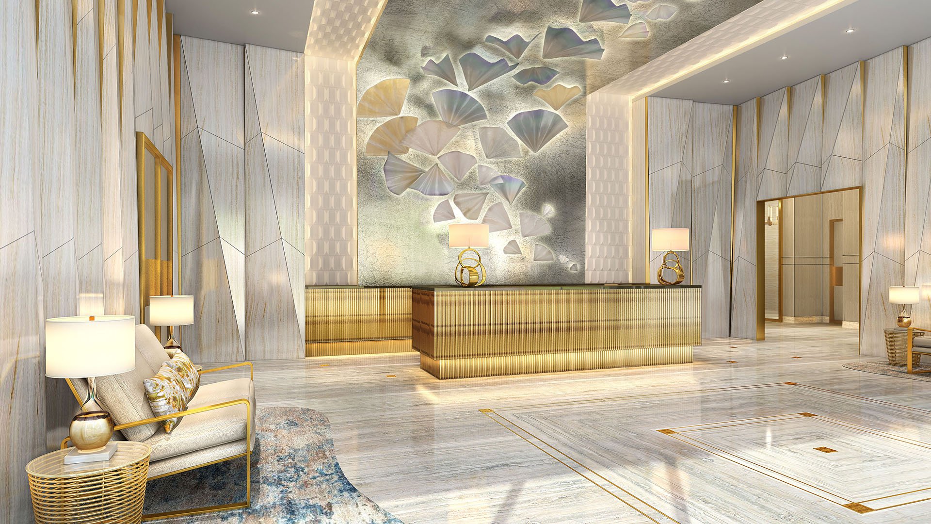 Mandarin Oriental Residences Boca Raton, Florida reception lobby with illuminated art wall sculpture, marble and gold finishes, conveying luxury and ultra luxury preconstruction condos with concierge-style welcome.