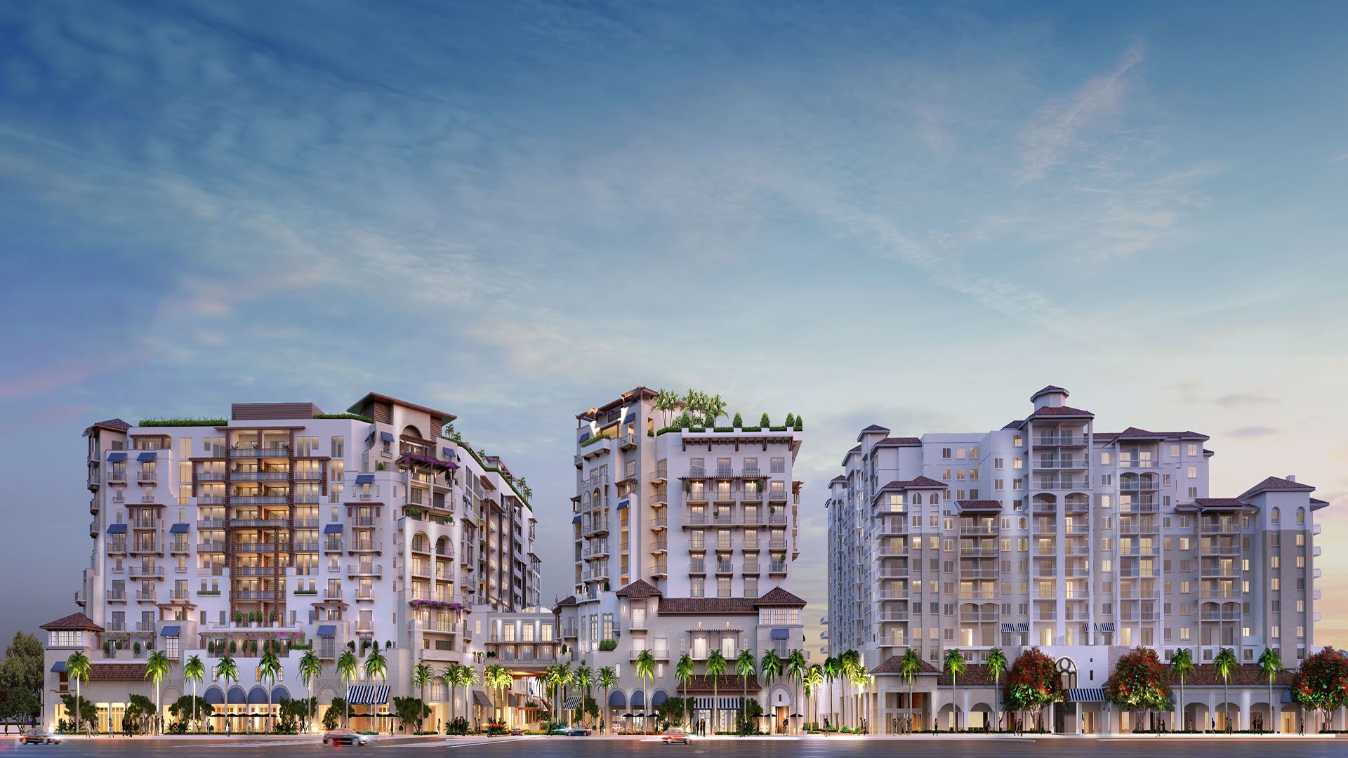Mandarin Oriental Residences Boca Raton, Florida sunset street elevation of palm-lined boulevard, shops and residential towers, presenting luxury and ultra luxury preconstruction condos above walkable retail frontage.