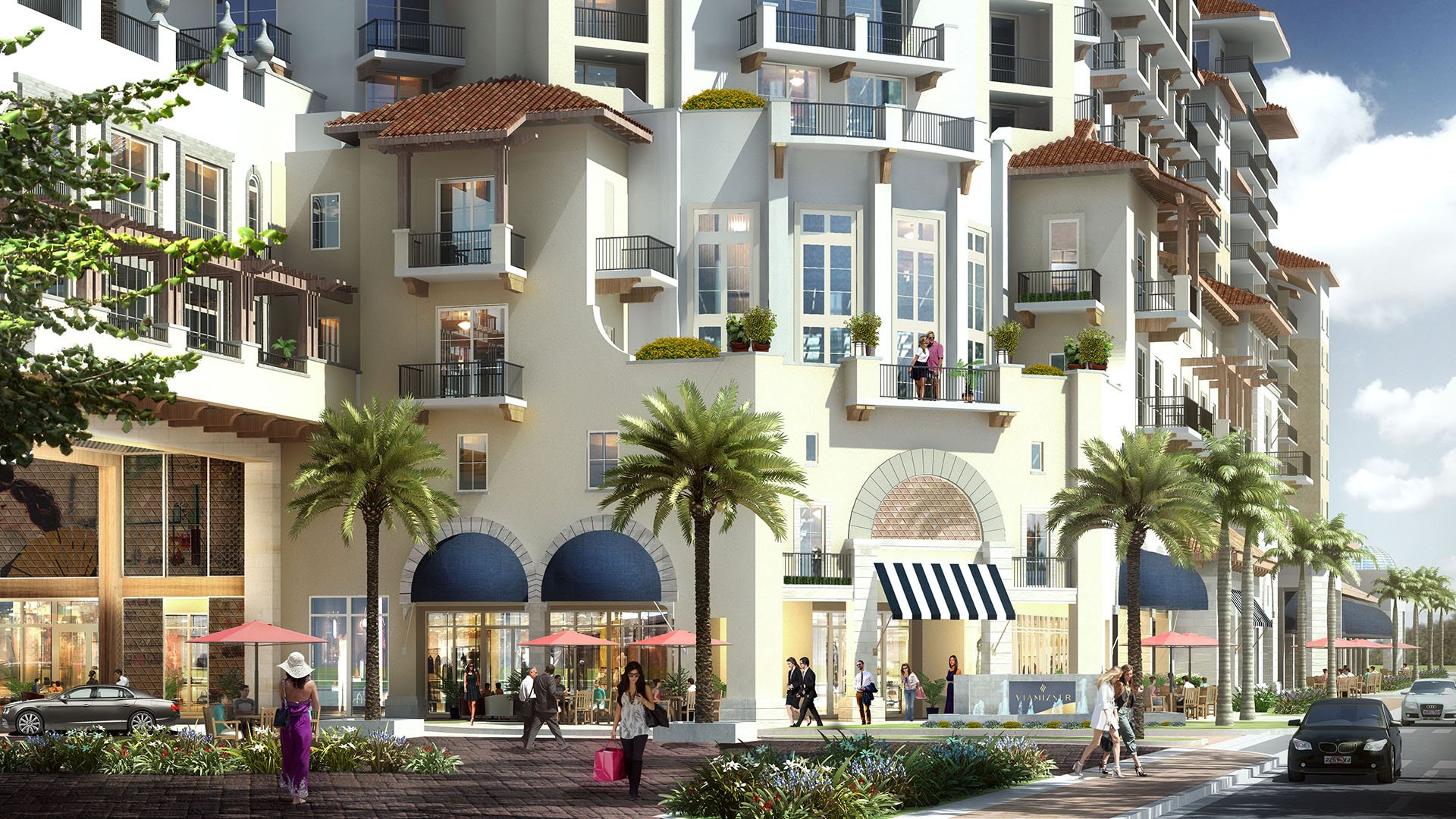 Mandarin Oriental Residences Boca Raton, Florida The Shoppes street-level retail with palm trees, cafes and boutique storefronts below the towers, complementing luxury and ultra luxury preconstruction condos lifestyle.