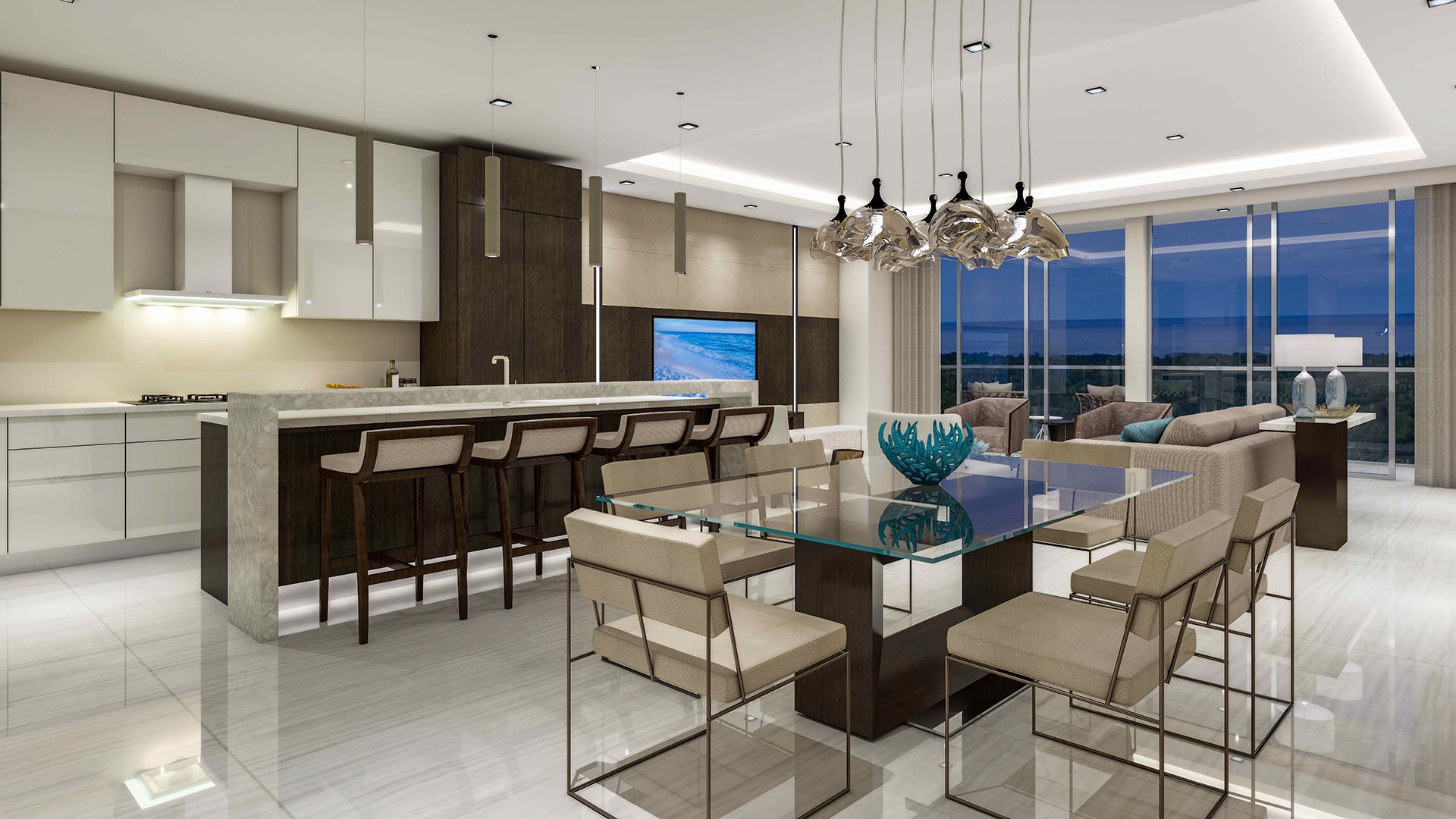 Mandarin Oriental Residences Boca Raton, Florida Unit A chef kitchen with marble island, bar seating and glass dining table facing ocean views, detailing luxury and ultra luxury preconstruction condos with modern finishes.