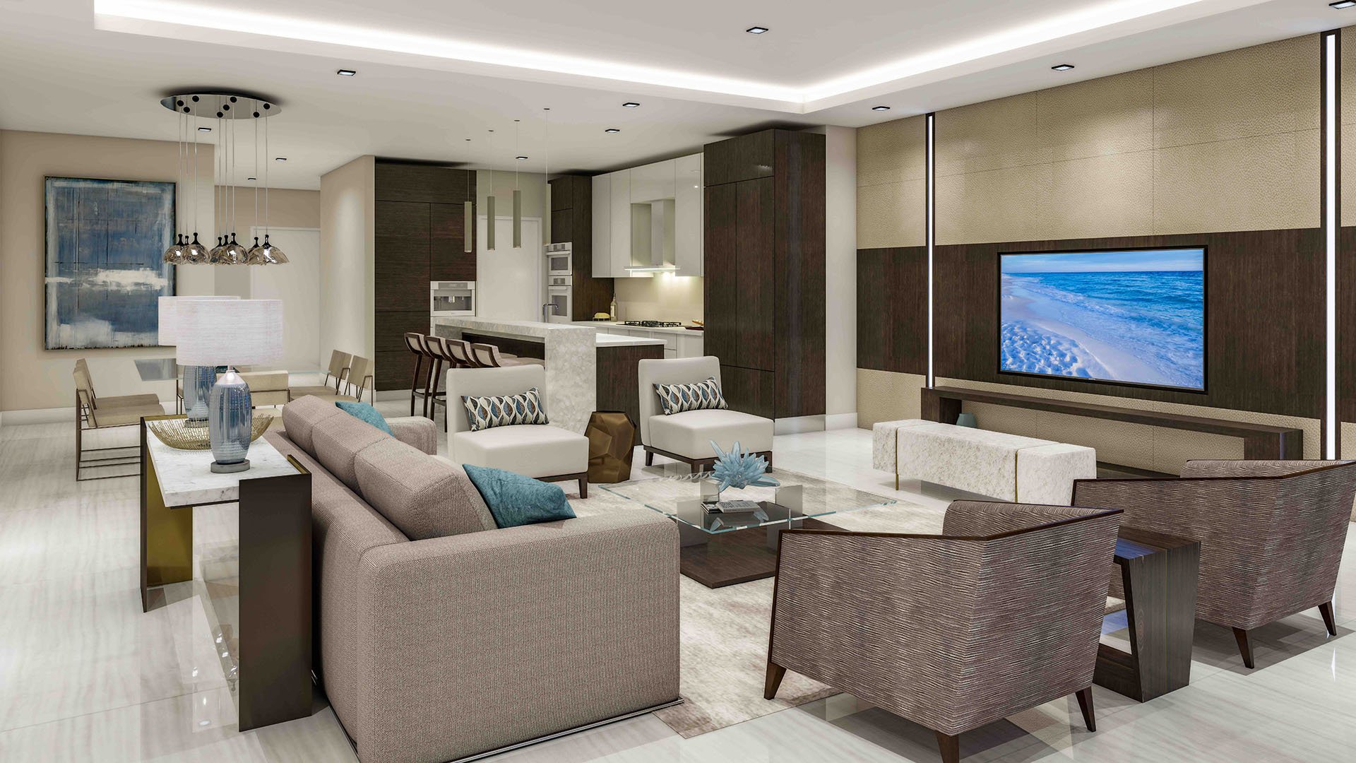 Mandarin Oriental Residences Boca Raton, Florida Unit A great room with open-concept living, dining and chef kitchen, designer lighting and media wall, showcasing luxury and ultra luxury preconstruction condos interiors.
