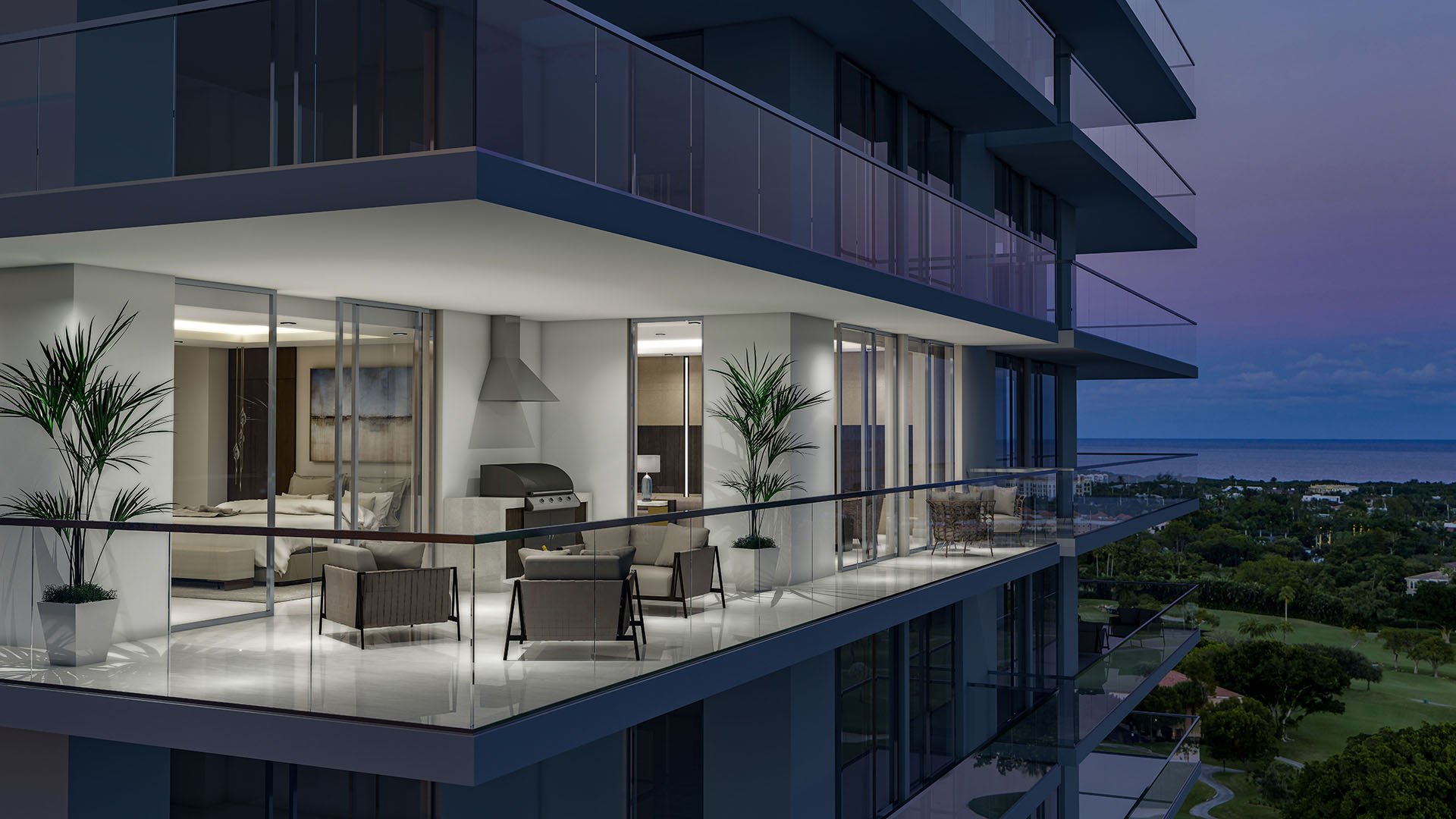 Mandarin Oriental Residences Boca Raton, Florida Unit A ocean-view terrace with outdoor lounge seating and BBQ grill at twilight, emphasizing luxury and ultra luxury preconstruction condos with expansive indoor-outdoor living.