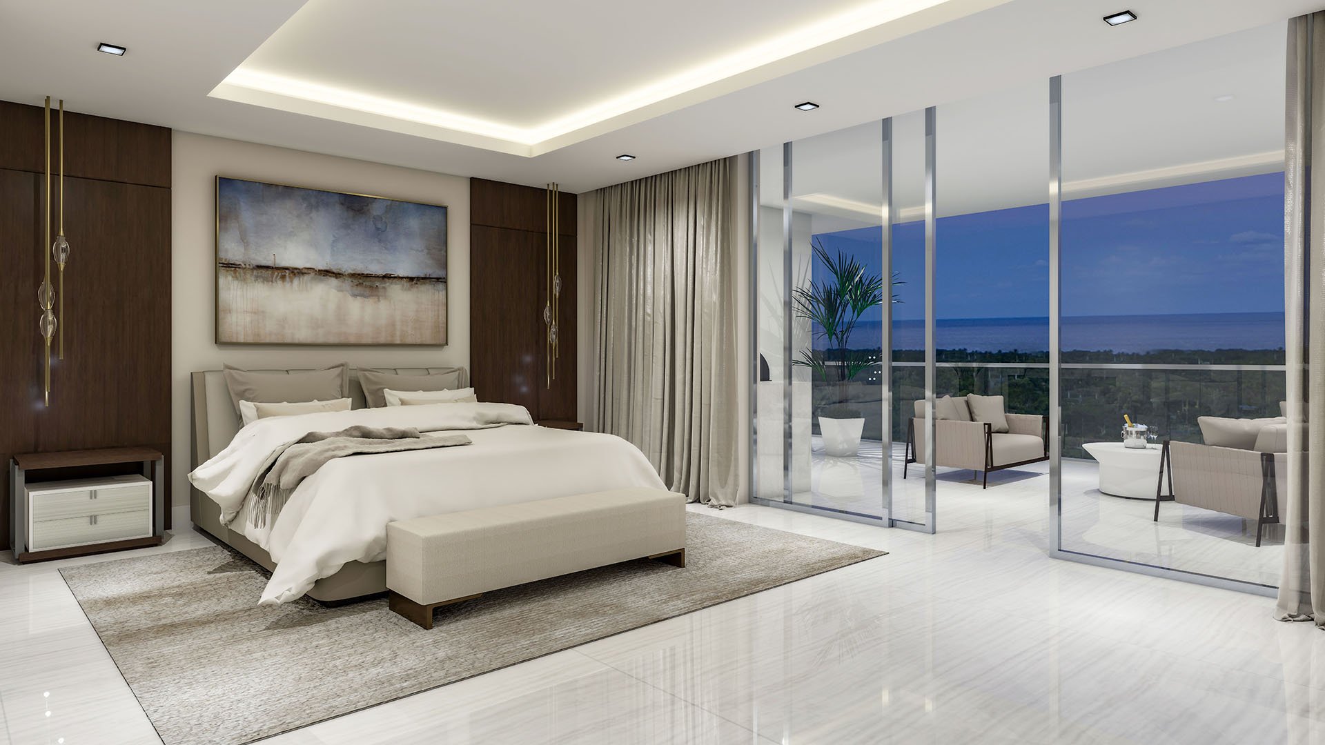 Mandarin Oriental Residences Boca Raton, Florida Unit A primary bedroom with sliding glass doors to an ocean-view terrace, serene design and evening horizon, highlighting luxury and ultra luxury preconstruction condos.