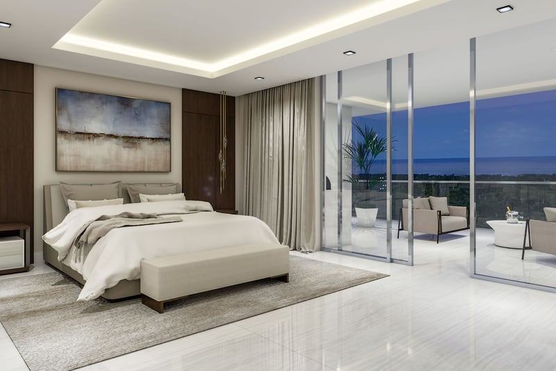 Mandarin Oriental Residences Boca Raton, Florida Unit A primary bedroom with sliding glass doors to an ocean-view terrace, serene design and evening horizon, highlighting luxury and ultra luxury preconstruction condos.