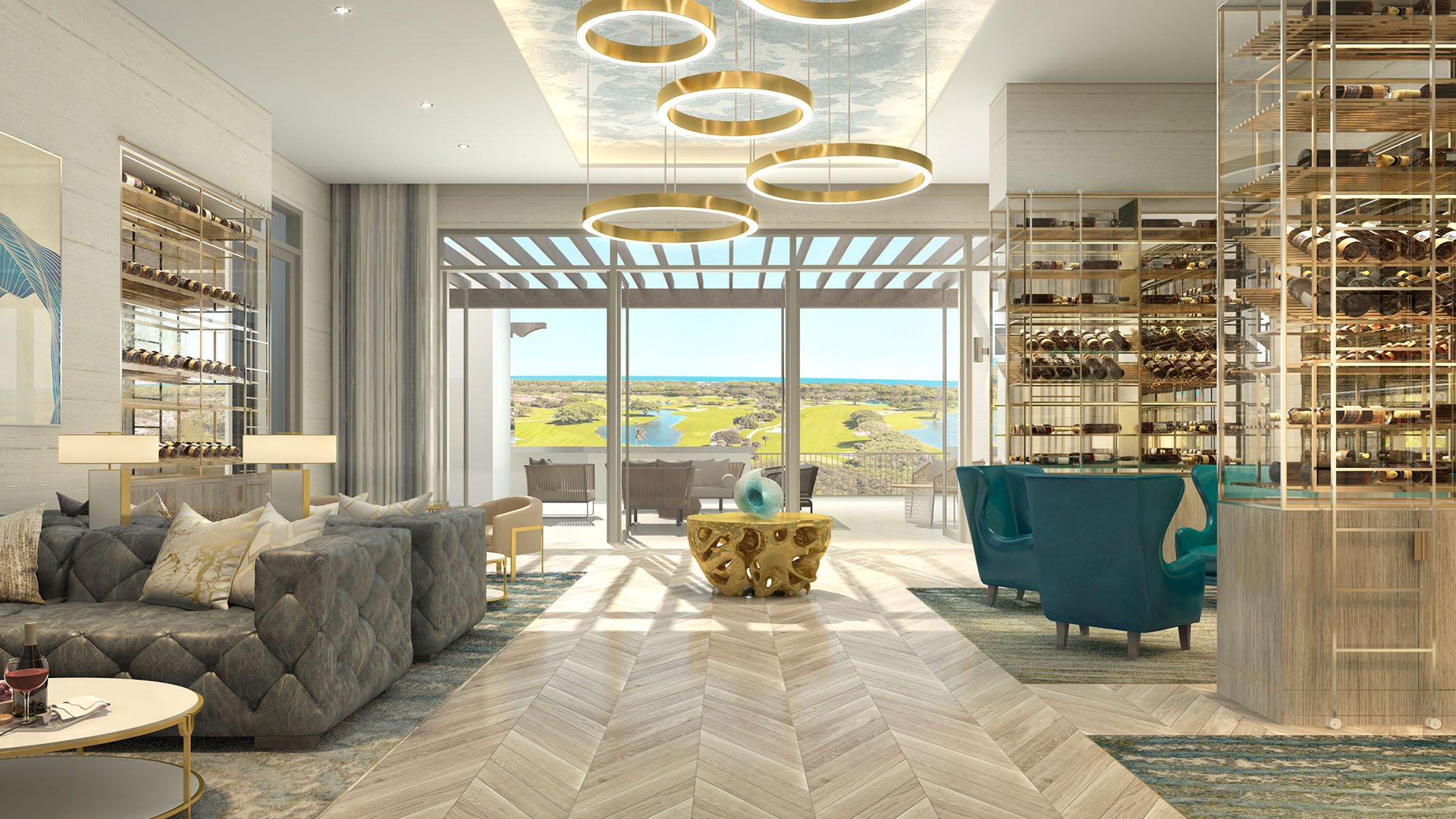 Mandarin Oriental Residences Boca Raton, Florida private wine lounge with glass wine cellar, ring chandeliers and terrace views over the golf course, elevating luxury and ultra luxury preconstruction condos amenities.