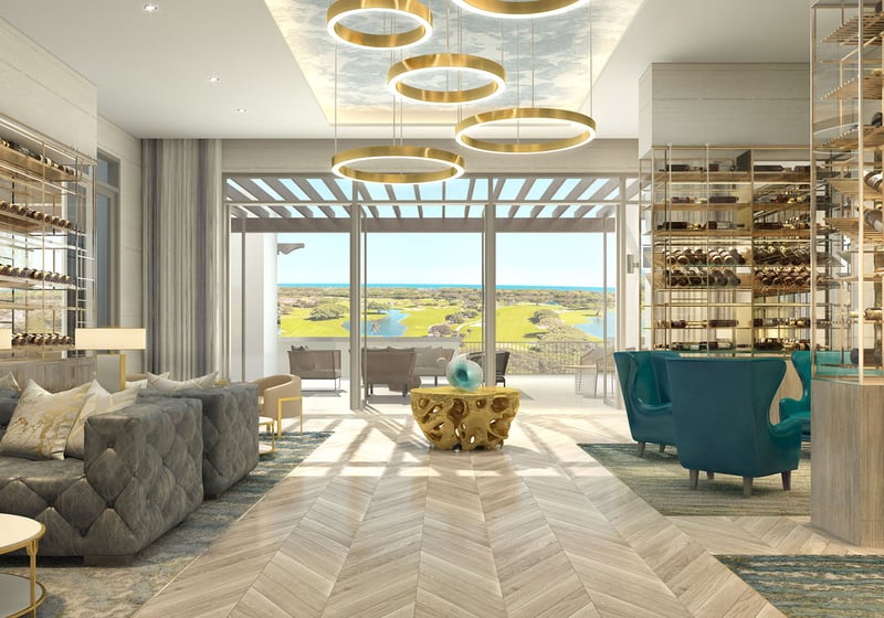Mandarin Oriental Residences Boca Raton, Florida private wine lounge with glass wine cellar, ring chandeliers and terrace views over the golf course, elevating luxury and ultra luxury preconstruction condos amenities.