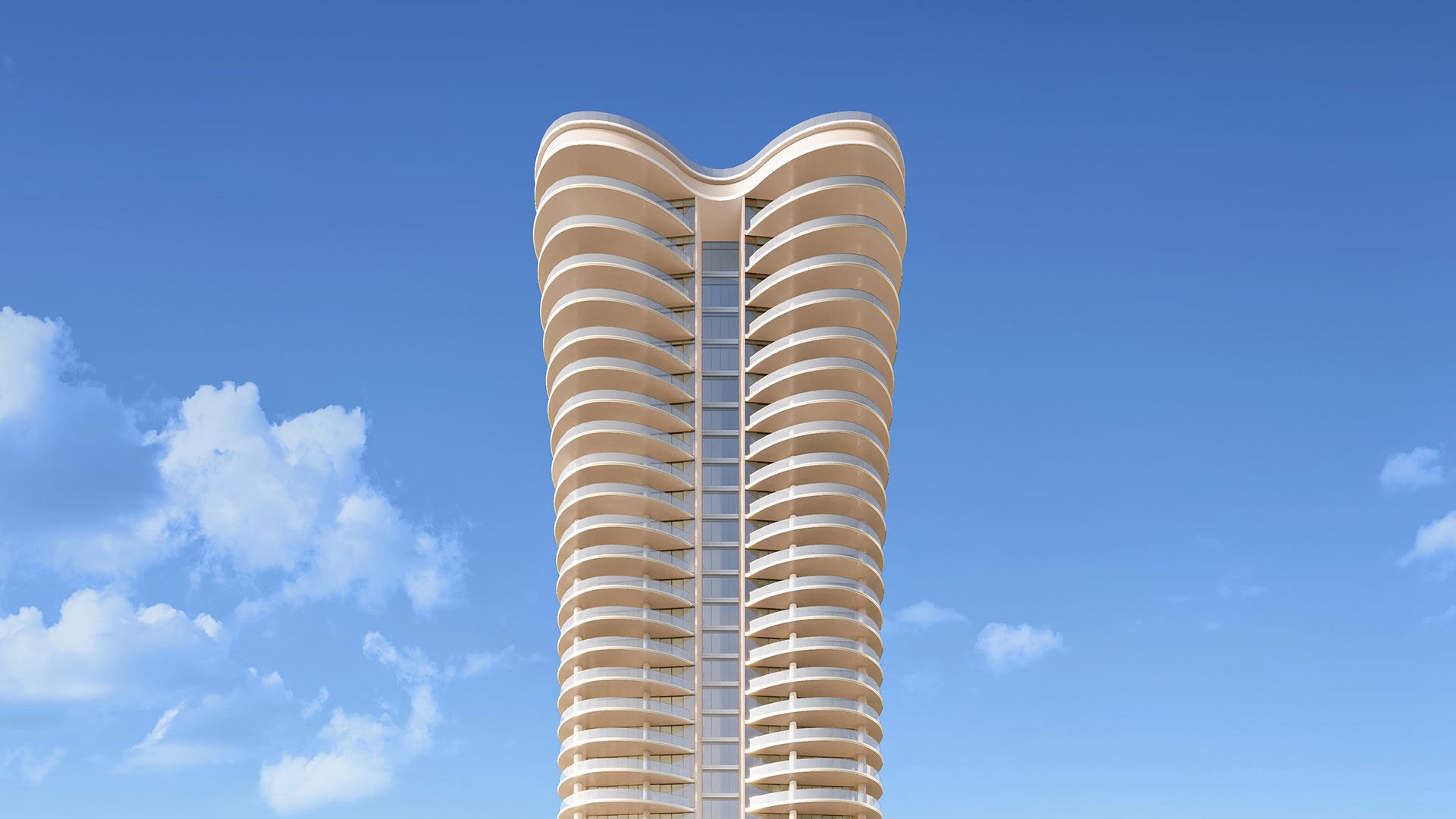 Curved condo tower exterior with wraparound balconies against a clear blue sky at Mandarin Oriental Residences, West Palm Beach, ultra luxury condos in West Palm Beach with a luxury high-rise design.