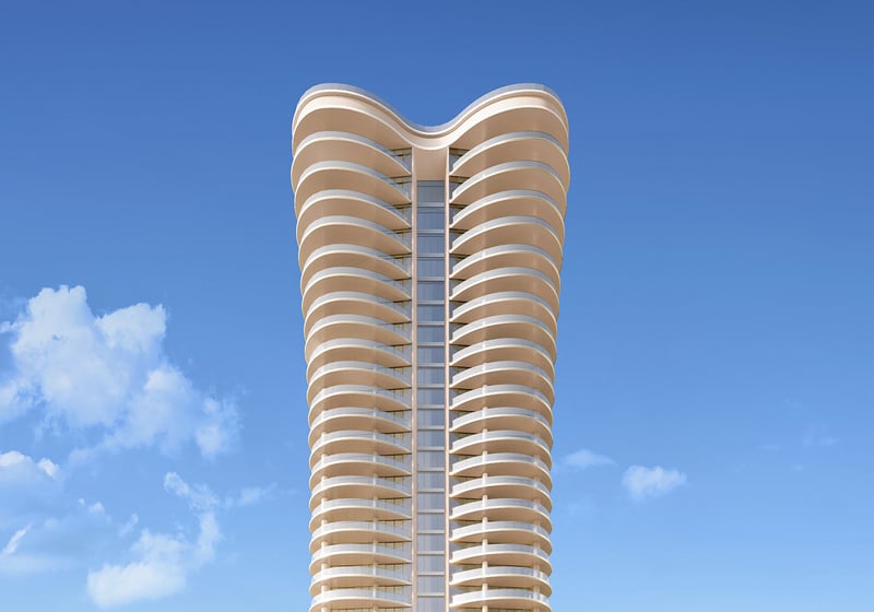Curved condo tower exterior with wraparound balconies against a clear blue sky at Mandarin Oriental Residences, West Palm Beach, ultra luxury condos in West Palm Beach with a luxury high-rise design.