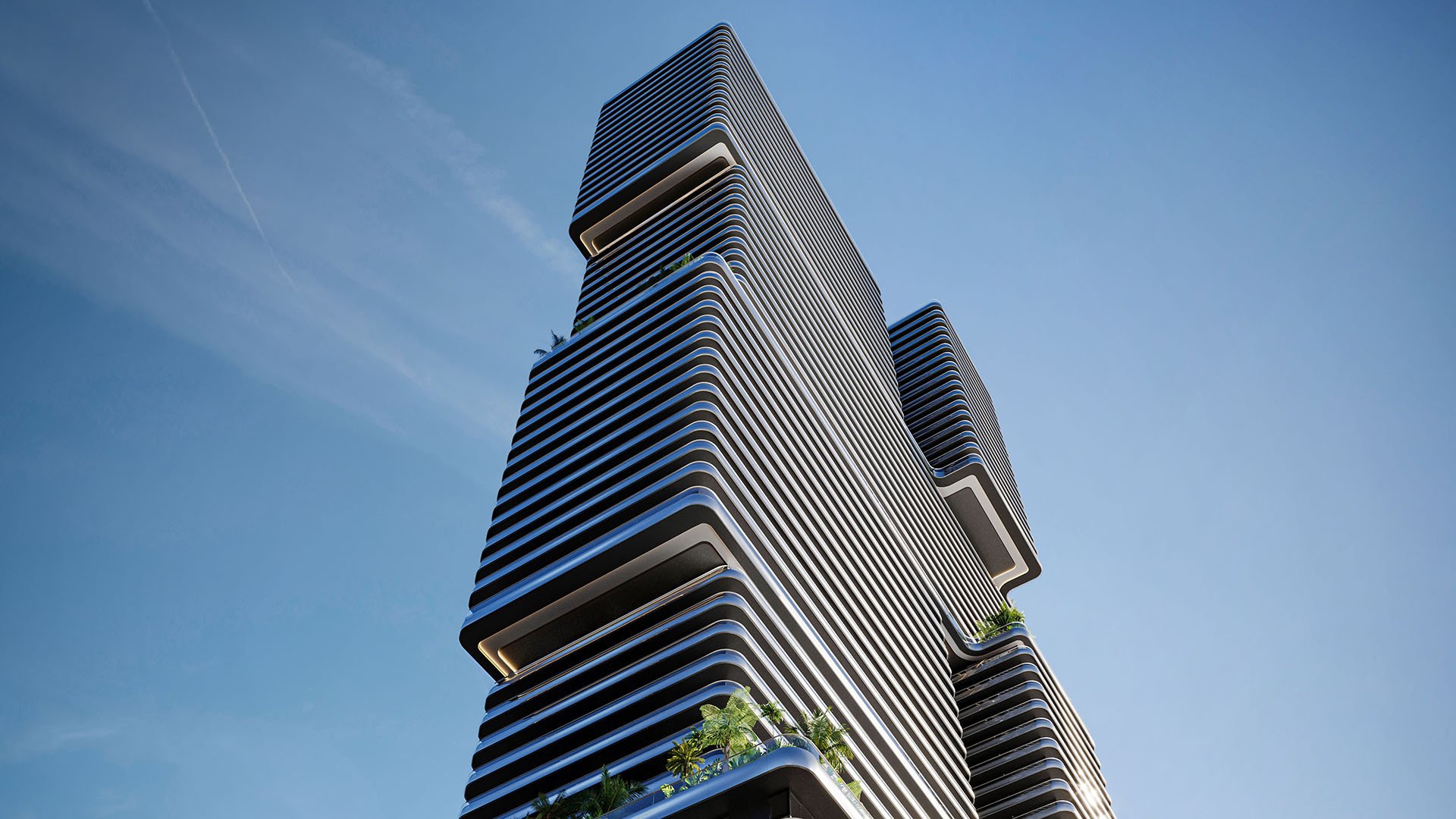 Mercedes-Benz Places Miami tower exterior in Miami, Florida, upward view of modern high-rise with sculpted curved balconies, defining luxury and ultra luxury preconstruction condos architecture on the waterfront skyline.