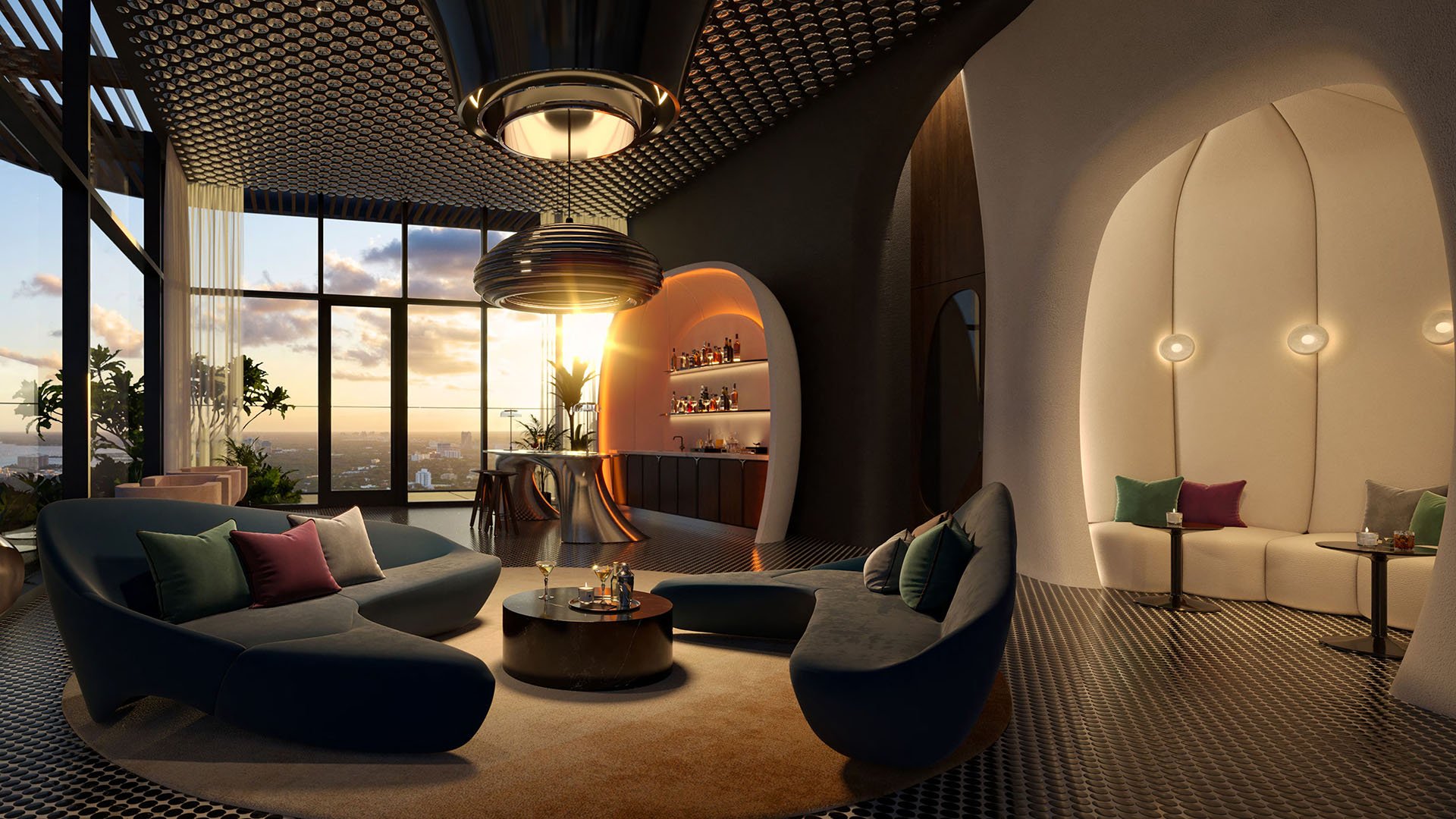 Mercedes-Benz Places Miami rooftop sunset lounge in Miami, Florida with cocktail bar, sculptural seating and floor-to-ceiling windows, offering luxury and ultra luxury preconstruction condos skyline views.