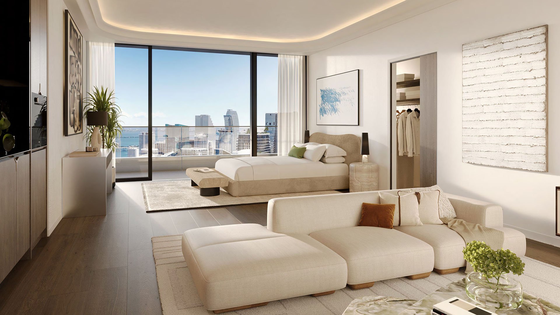 Mercedes-Benz Places Miami studio residence in Miami, Florida with open-concept living and sleeping area, modern furnishings and floor-to-ceiling windows with skyline views-luxury and ultra luxury preconstruction condos living.