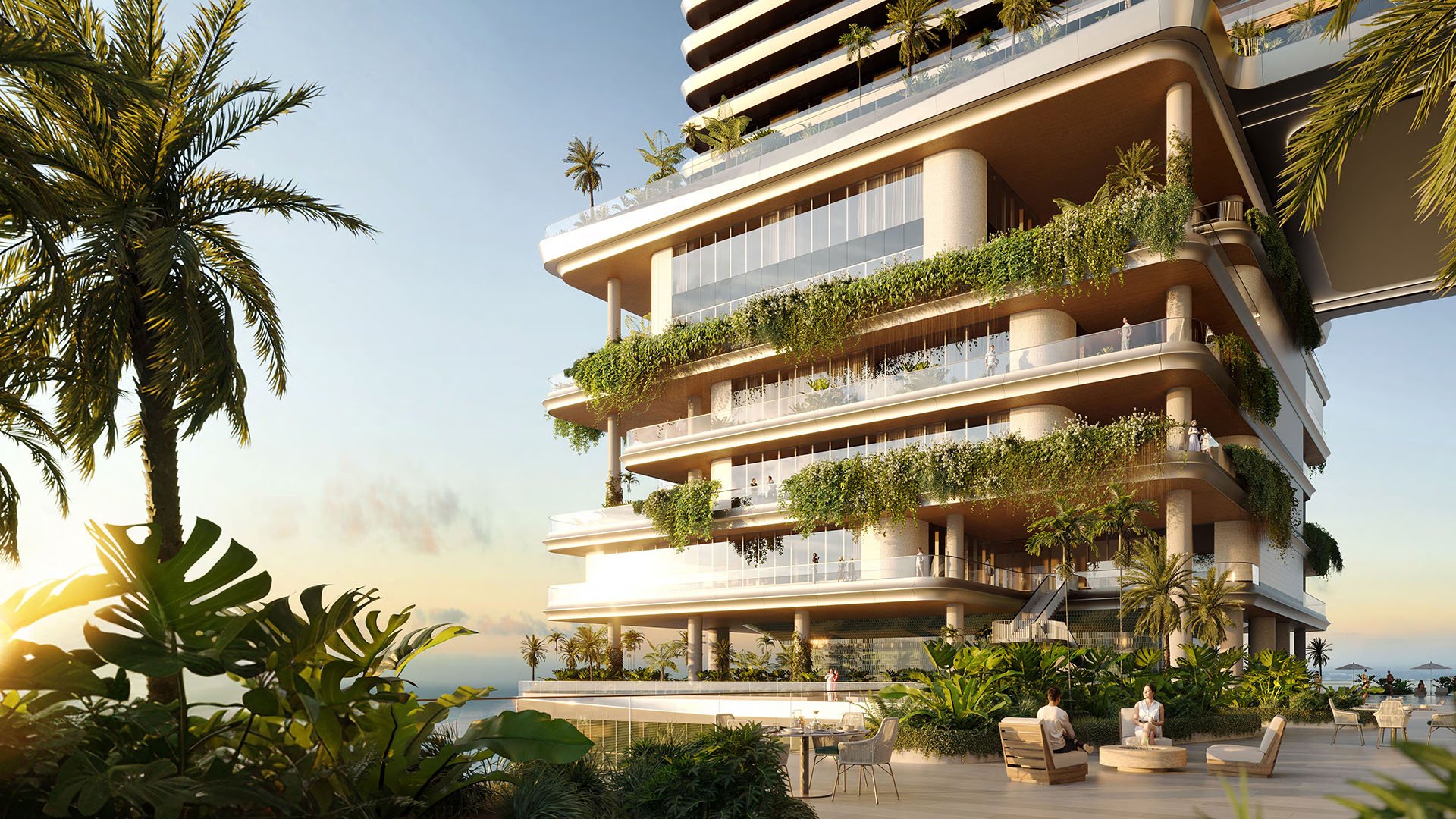Mercedes-Benz Places Miami wellness terrace in Miami, Florida with lush tropical gardens, outdoor seating and sunset light beside the tower, a luxury and ultra luxury preconstruction condos amenity deck.