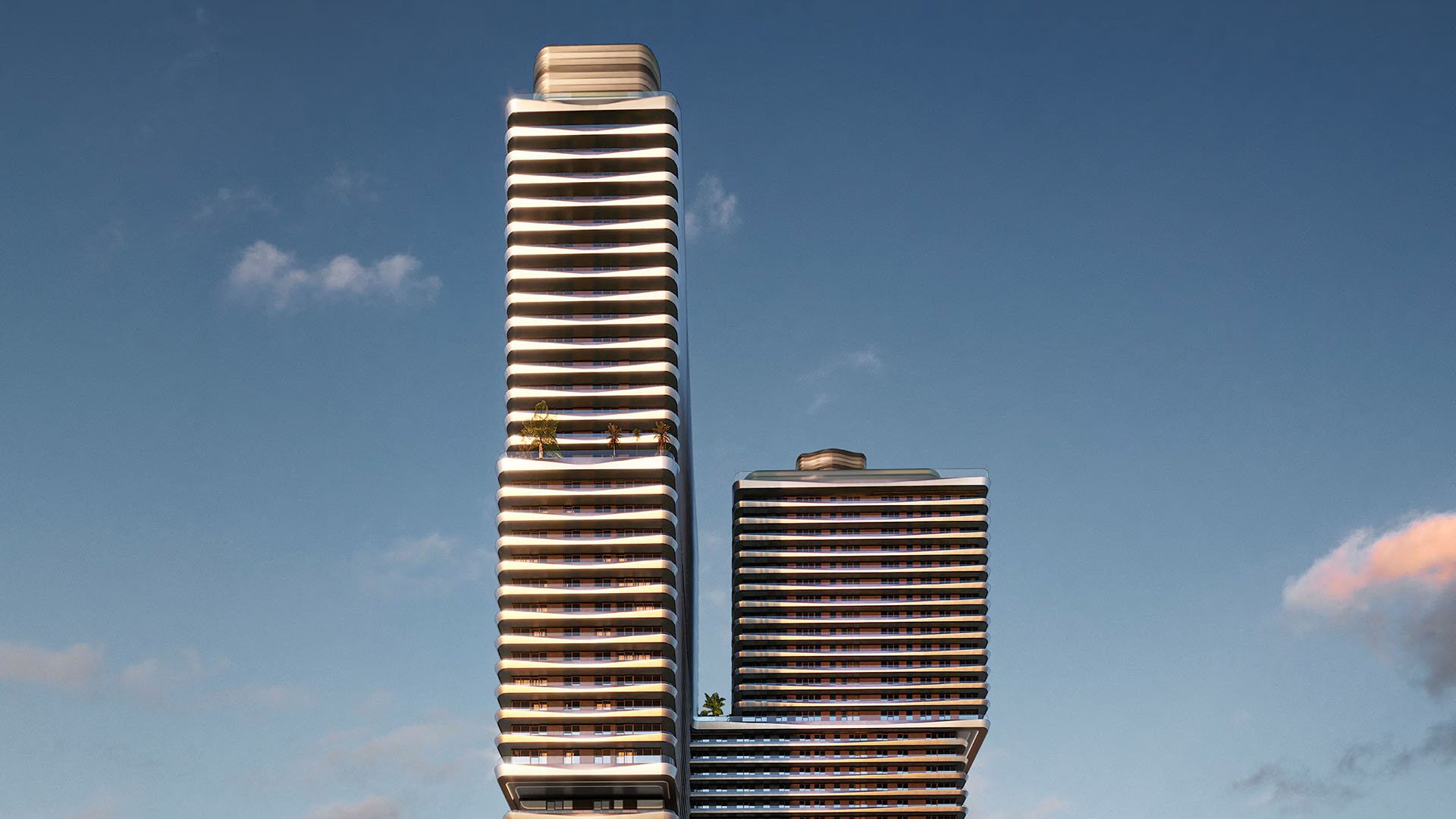 Mercedes-Benz Places Miami twin towers in Miami, Florida with stacked balcony lines against blue sky, showcasing luxury and ultra luxury preconstruction condos vertical design and contemporary façade.