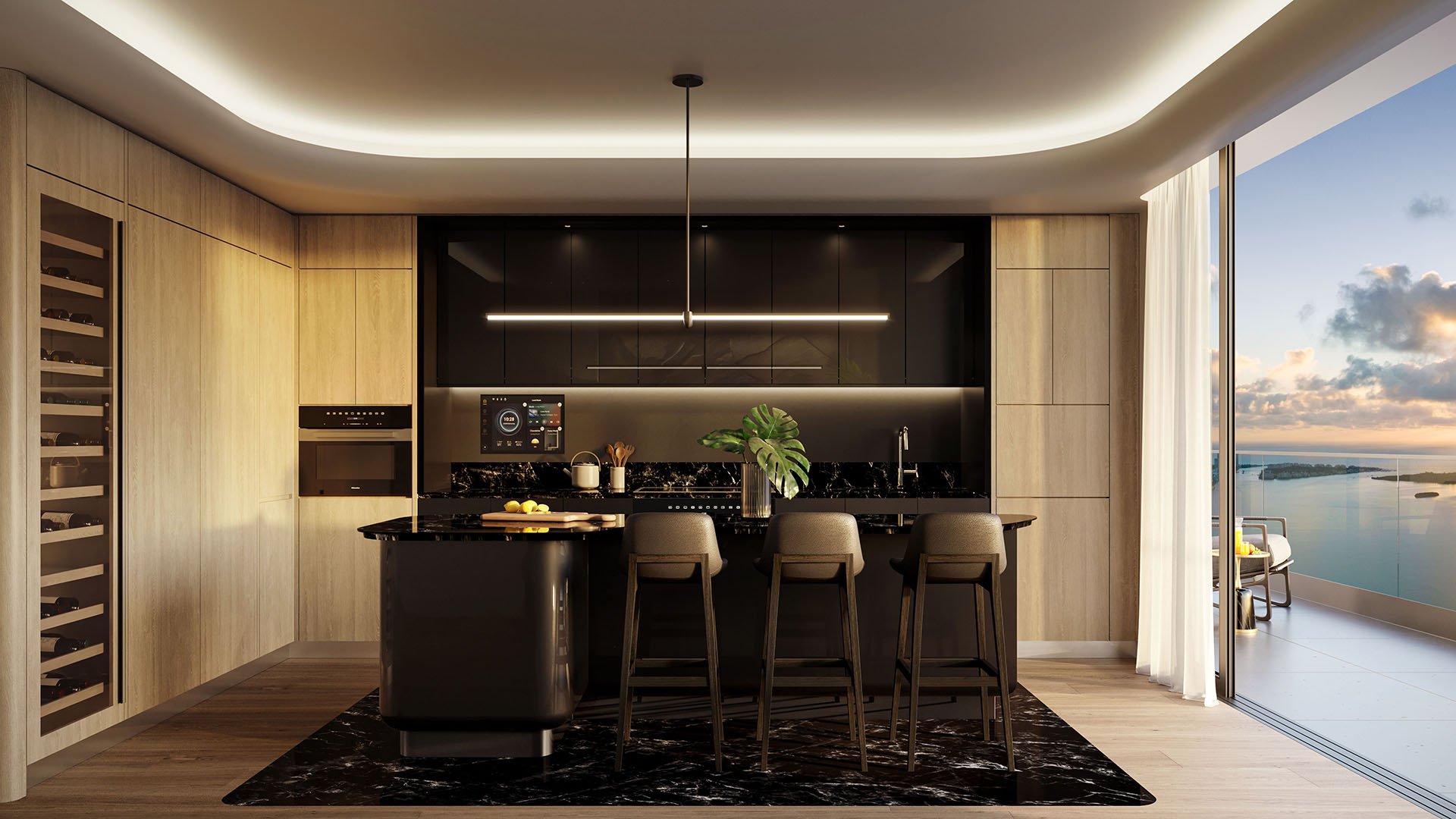 Mercedes-Benz Places Miami kitchen in Miami, Florida with L-shaped layout, black stone island, wine storage and bay-view balcony doors-chef-ready luxury and ultra luxury preconstruction condos interiors.