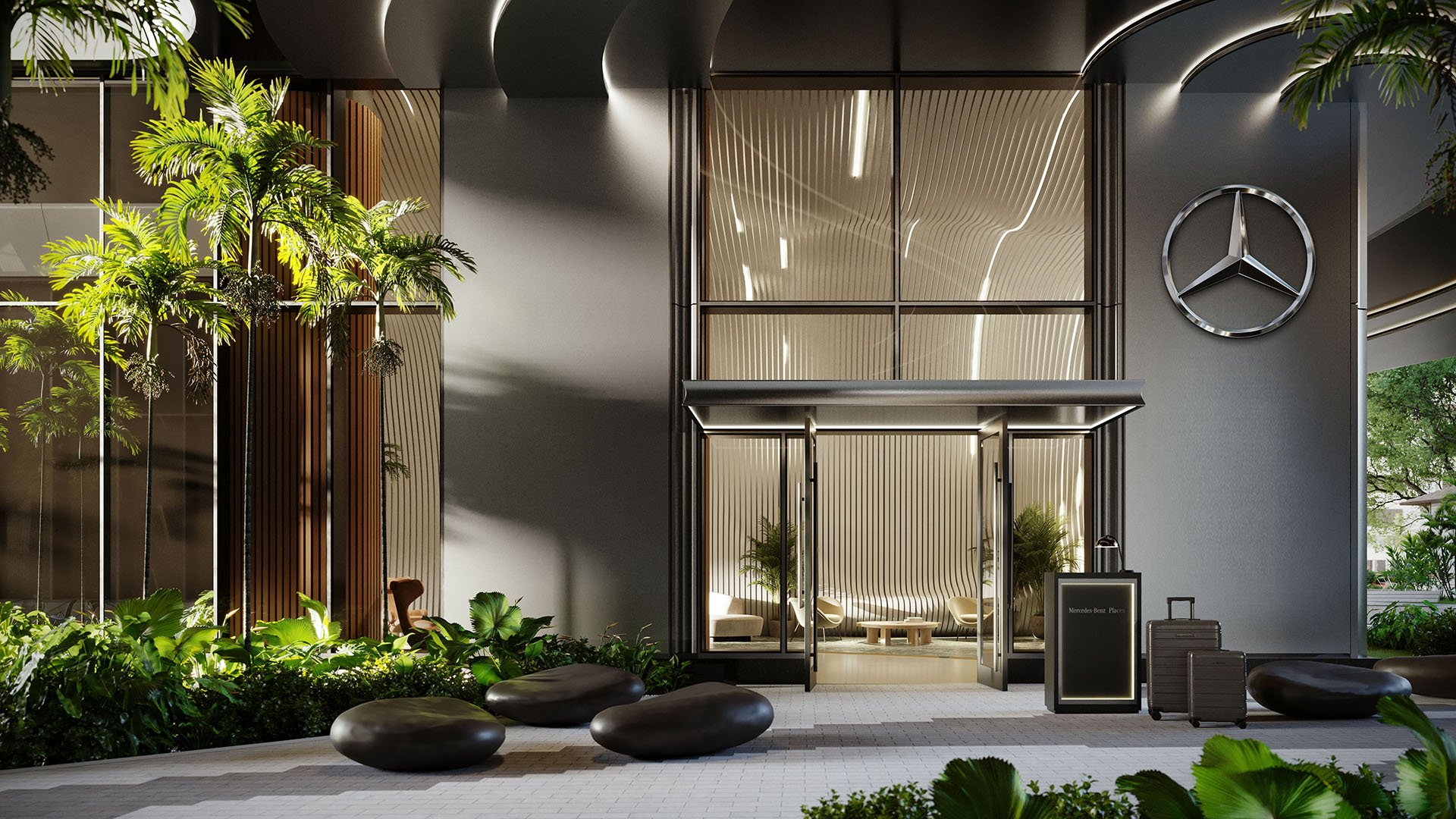 Mercedes-Benz Places Miami, Miami, Florida: luxury and ultra luxury preconstruction condos lobby entrance with dramatic curved facade, oversized Mercedes star logo, glass canopy doors, and lush tropical landscaping.