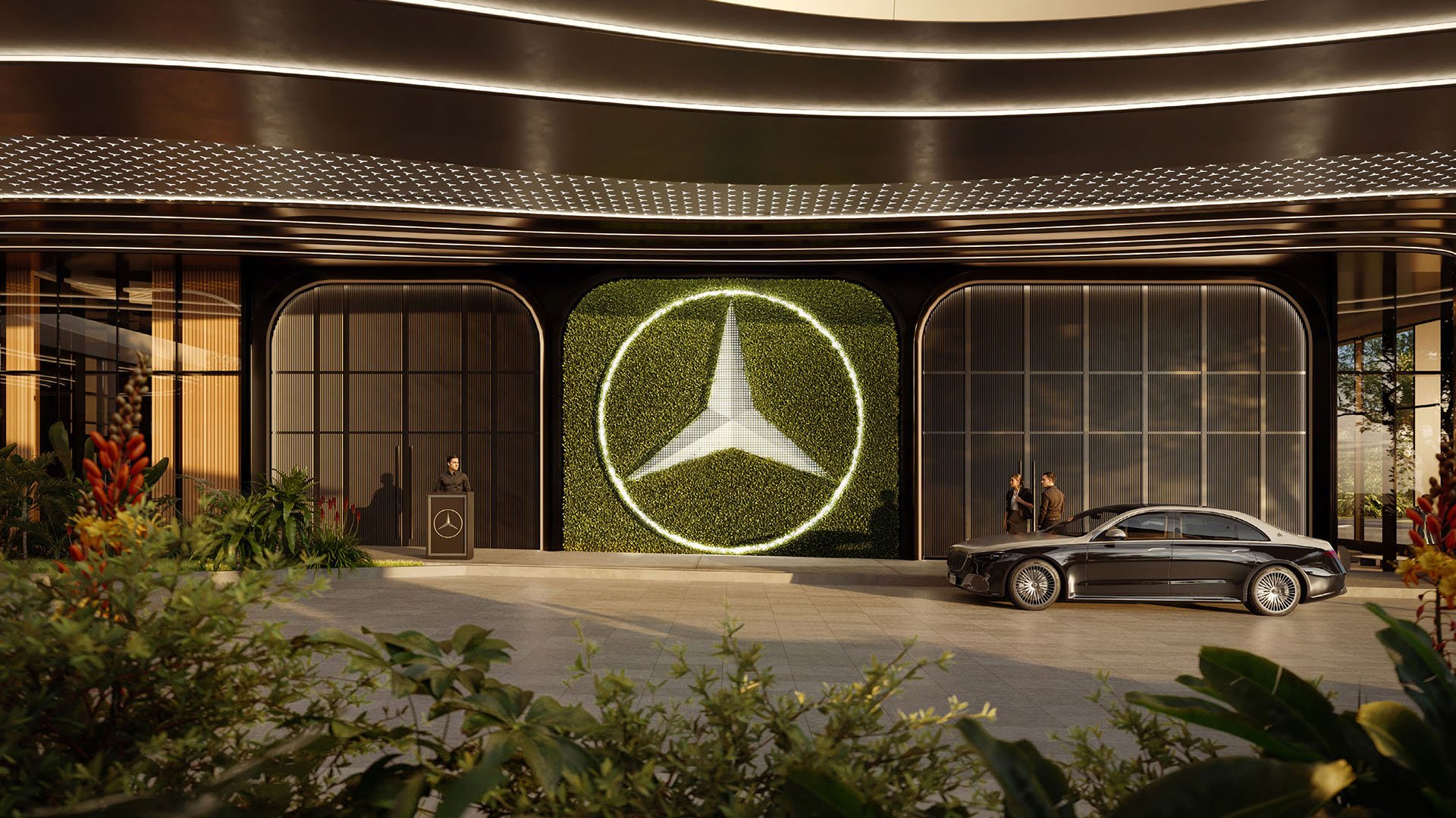 Mercedes-Benz Places Miami, Miami, Florida: luxury and ultra luxury preconstruction condos arrival court with valet drop-off, sleek porte-cochere, illuminated Mercedes star living wall, and upscale landscaping.