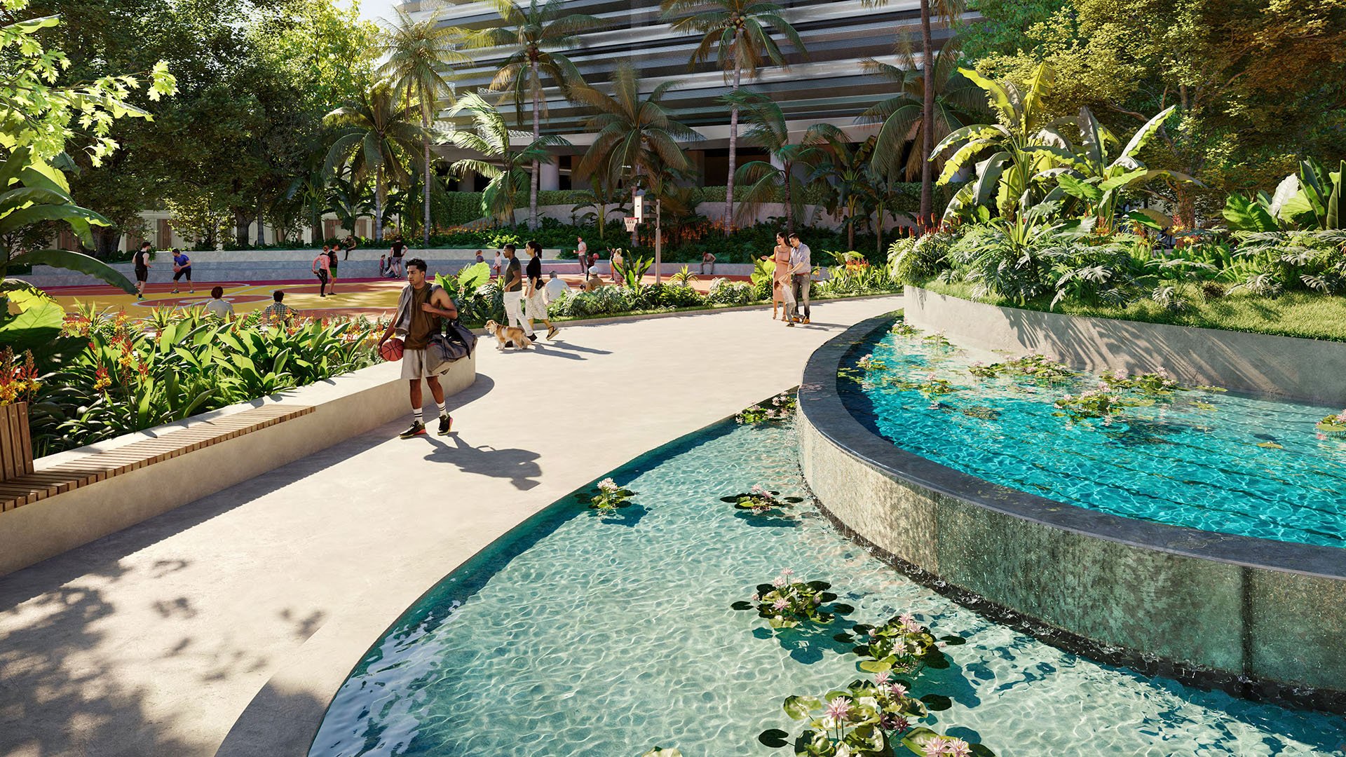 Mercedes-Benz Places Miami, Miami, Florida: luxury and ultra luxury preconstruction condos park amenity with basketball court, shaded walking paths, and curved water feature with lily pond amid tropical landscaping.