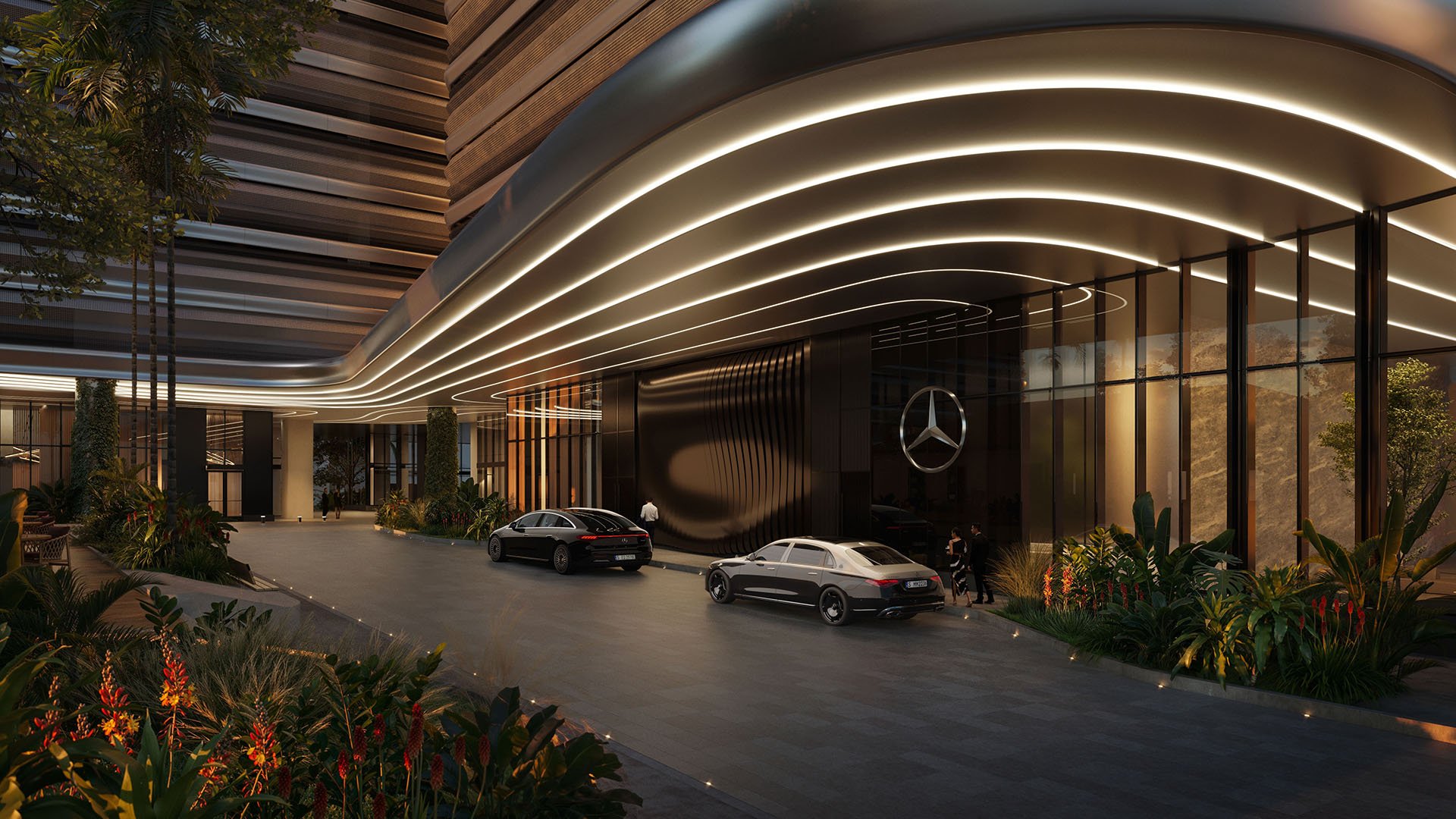 Mercedes-Benz Places Miami, Miami, Florida: luxury and ultra luxury preconstruction condos porte-cochere with sweeping curved canopy lighting, valet driveway, glass lobby frontage, Mercedes star branding, and landscaped arrival lanes.