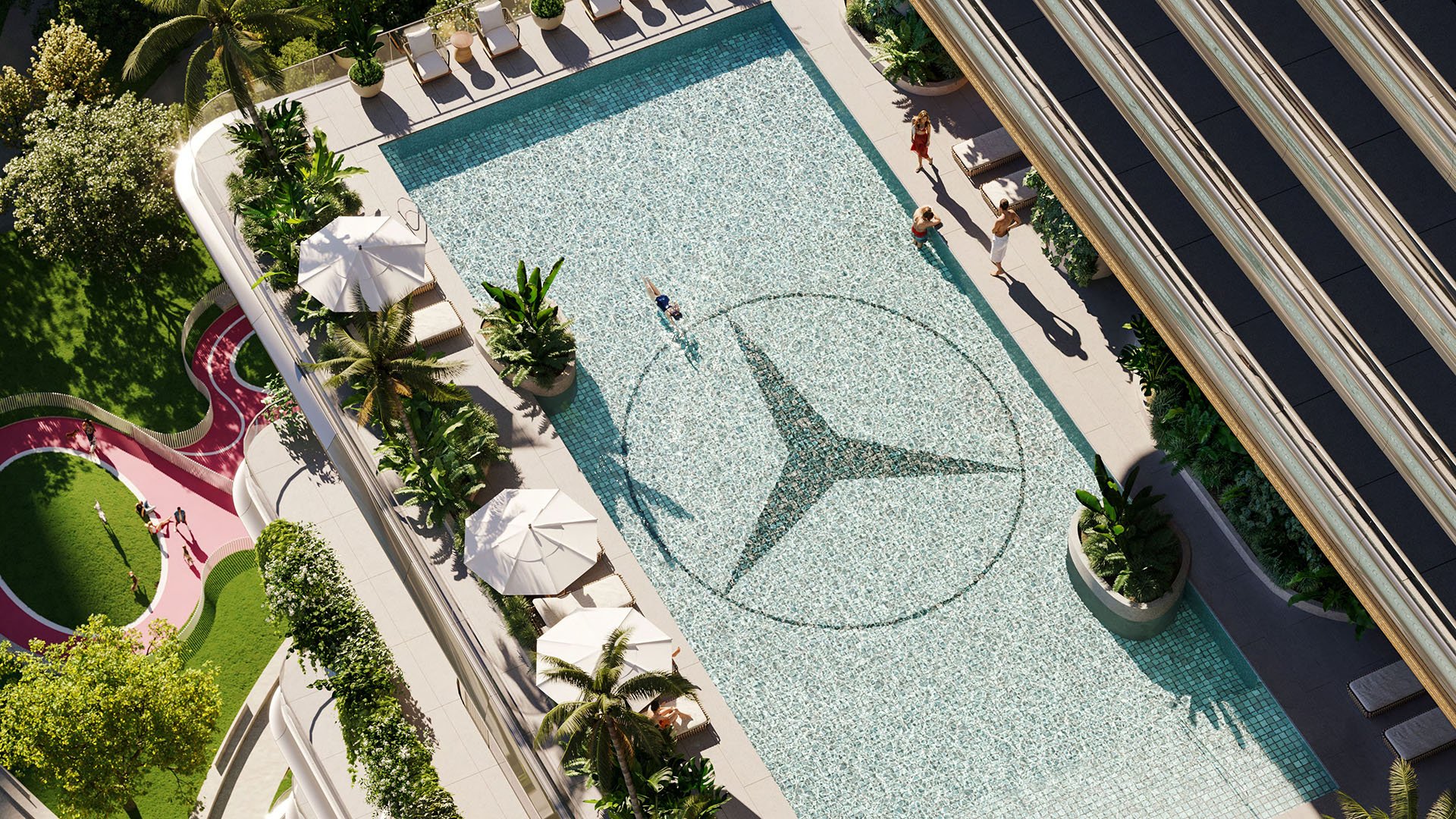 Mercedes-Benz Places Miami, Miami, Florida: luxury and ultra luxury preconstruction condos resort pool deck aerial view featuring signature Mercedes star mosaic, cabanas and loungers, palm landscaping, and elevated outdoor amenities.