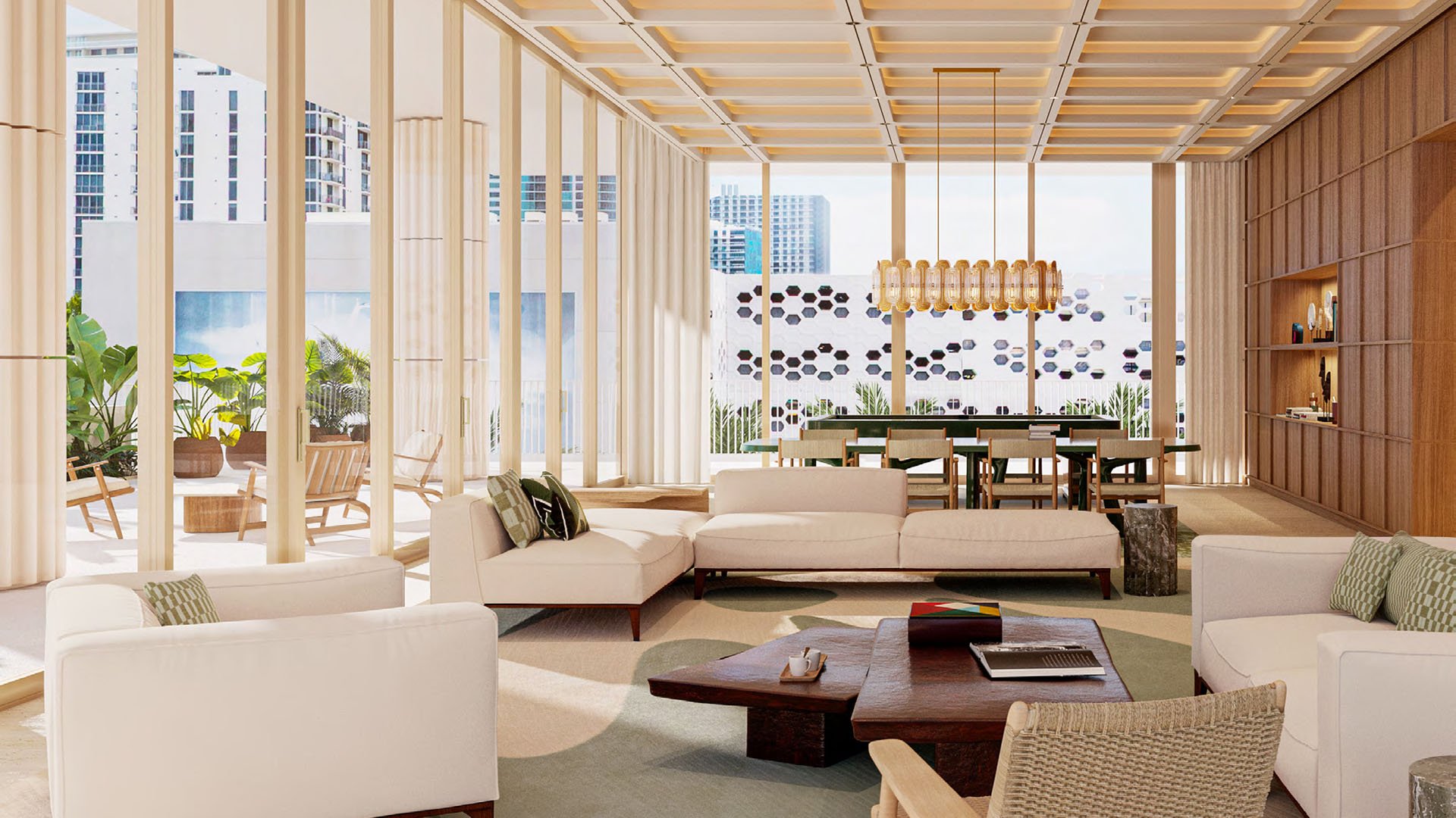 Preconstruction Miami Design Residences in Miami Design District, luxury and ultra luxury condos with an amenity lounge and dining room featuring glass walls, custom shelving, soft seating and a terrace connection.