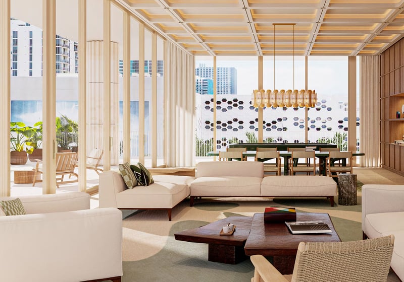 Preconstruction Miami Design Residences in Miami Design District, luxury and ultra luxury condos with an amenity lounge and dining room featuring glass walls, custom shelving, soft seating and a terrace connection.