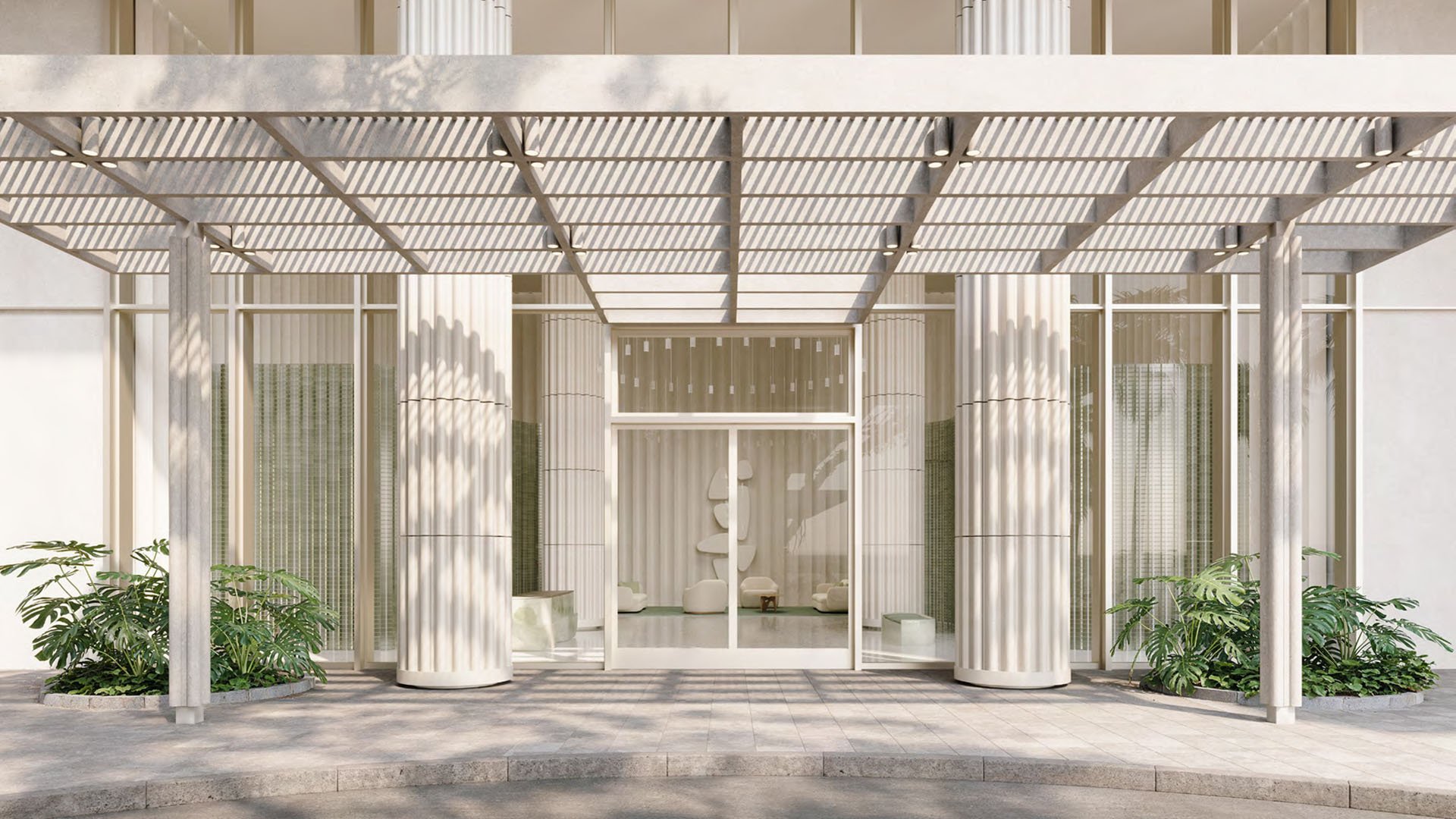 Preconstruction Miami Design Residences in Miami Design District, luxury and ultra luxury condos with a canopy entrance, fluted columns and a direct view into the lobby.