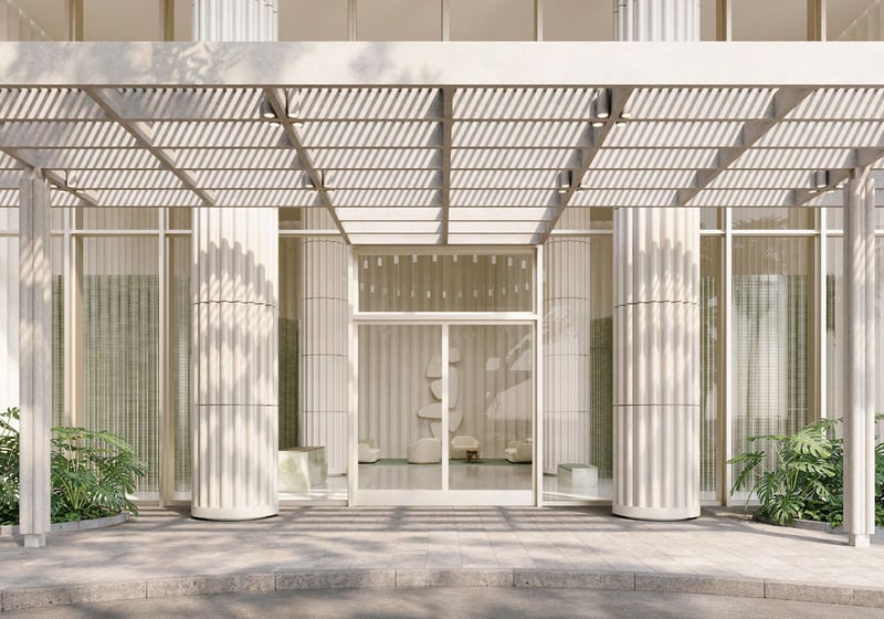 Preconstruction Miami Design Residences in Miami Design District, luxury and ultra luxury condos with a canopy entrance, fluted columns and a direct view into the lobby.