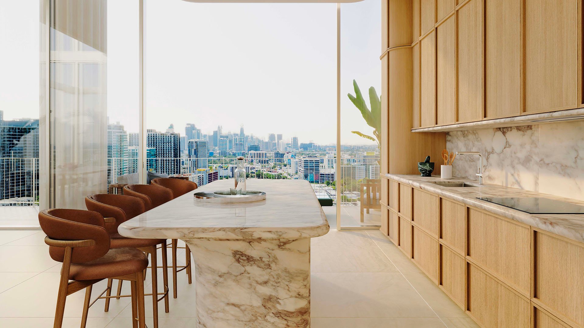 Preconstruction Miami Design Residences in Miami Design District, luxury and ultra luxury condos with a chef kitchen, marble breakfast bar, warm wood cabinetry and skyline views through floor-to-ceiling glass.