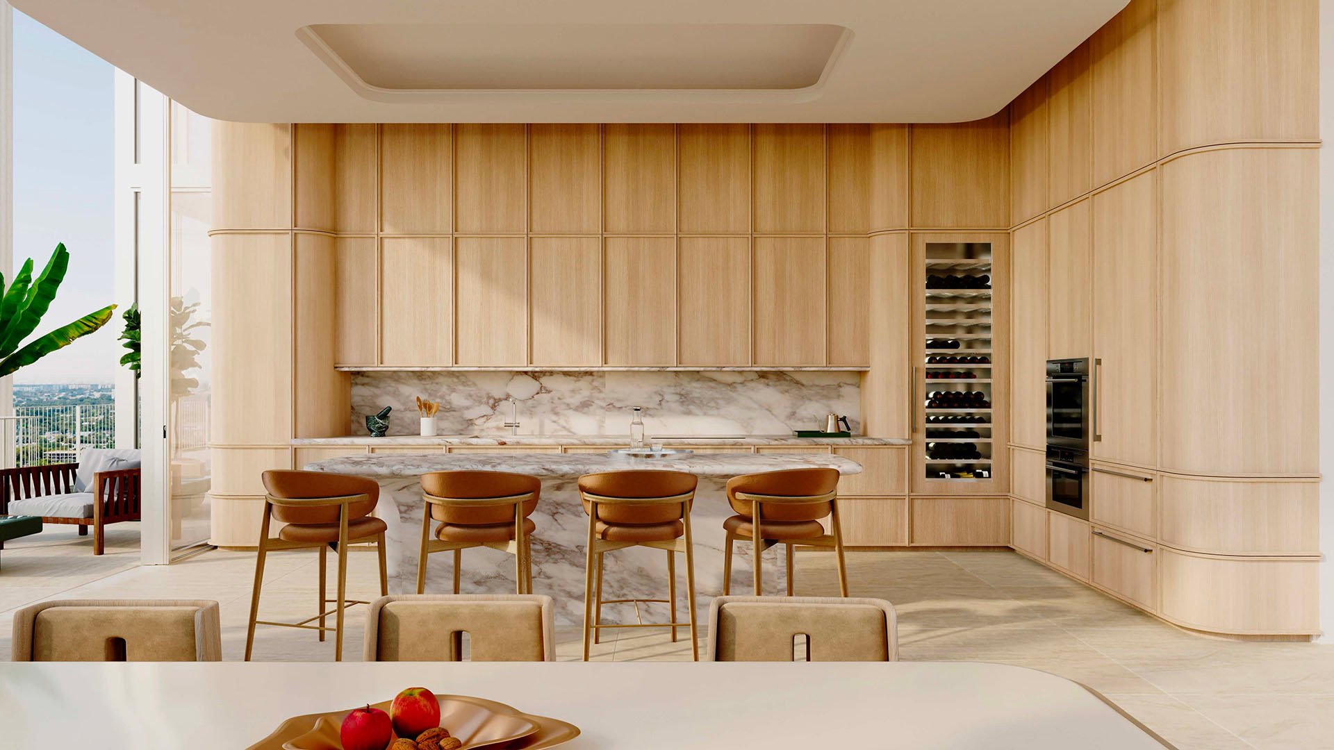 Preconstruction Miami Design Residences in Miami Design District, luxury and ultra luxury condos with a chef kitchen featuring a marble island, wine wall, warm wood cabinetry and a terrace beyond.