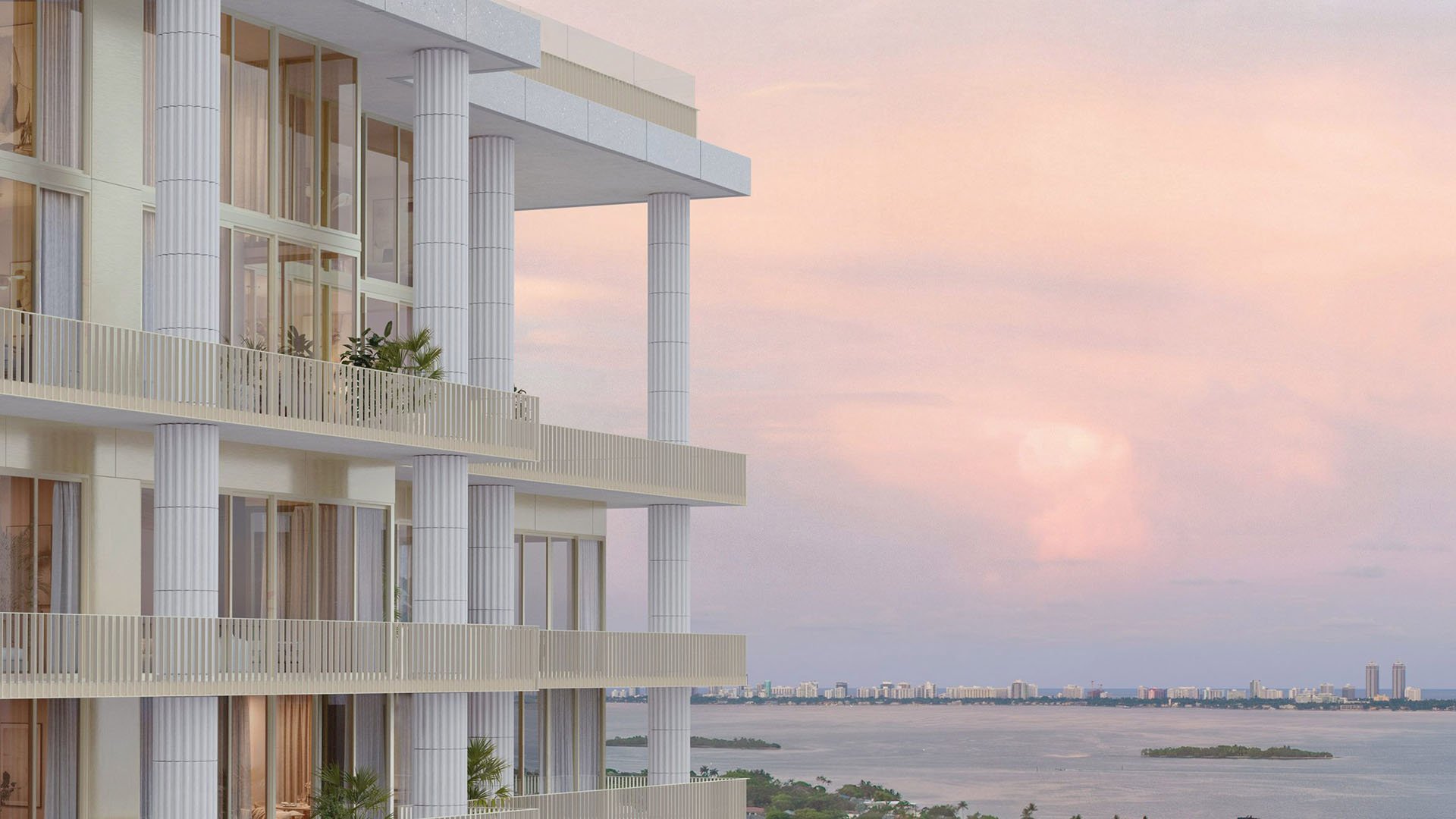 Preconstruction Miami Design Residences in Miami Design District, luxury and ultra luxury condos with a corner balcony exterior, fluted columns and sunset bay views.