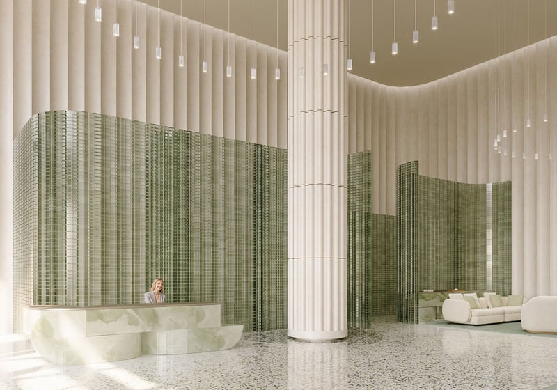 Preconstruction Miami Design Residences in Miami Design District, luxury and ultra luxury condos with a double-height lobby, reception desk, fluted columns and green tile walls.